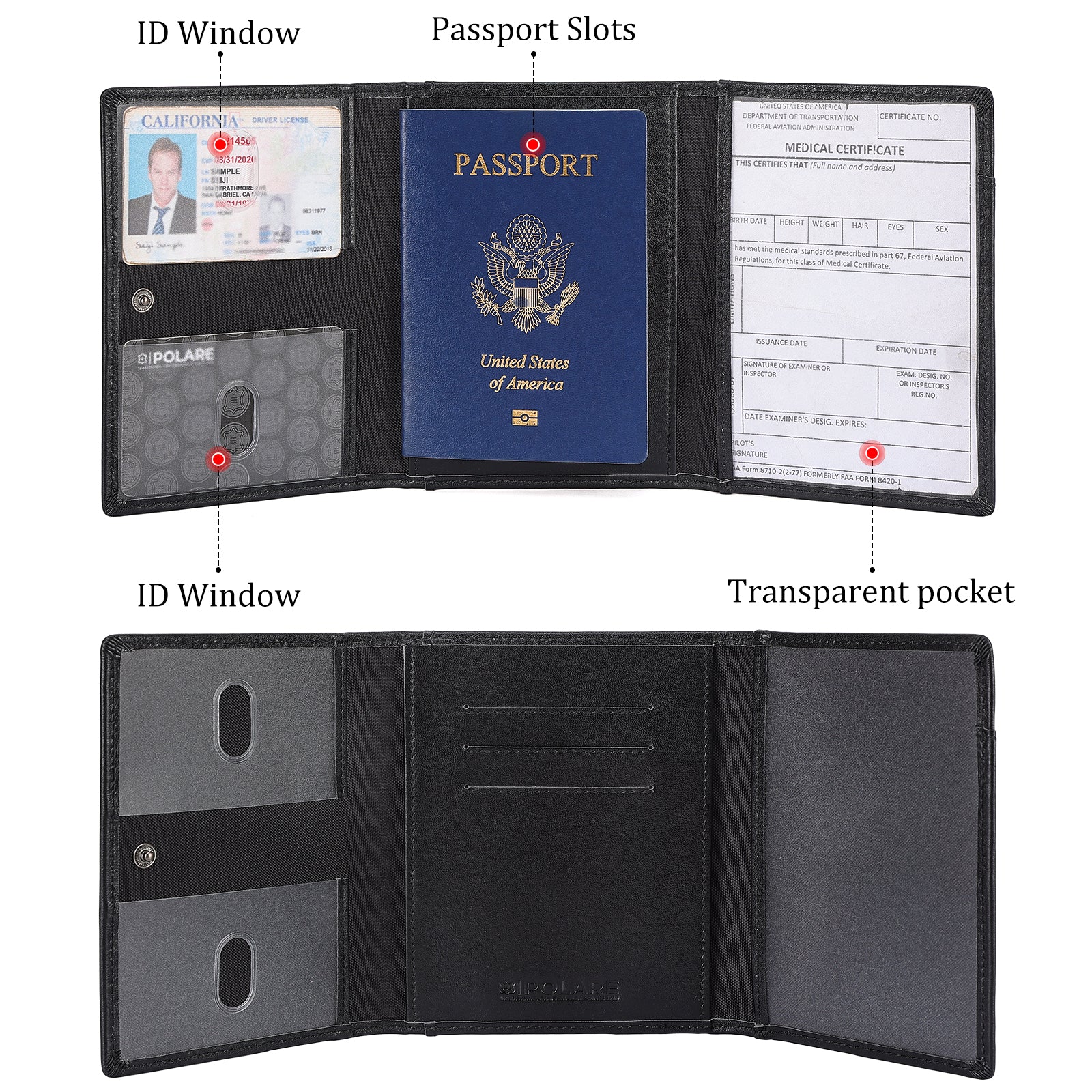 Leather Pilot Wallet Passport Holder with AirTag Slot (Black,Inside)