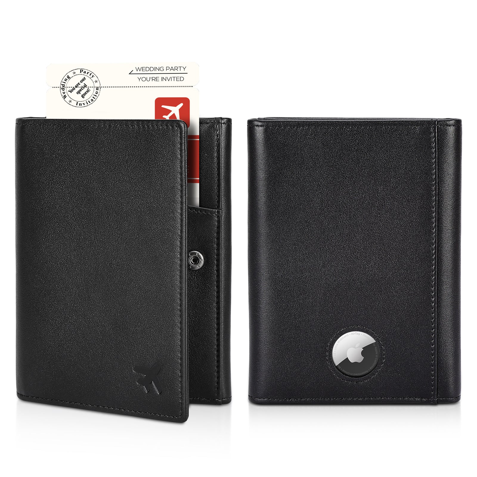 Leather Pilot Wallet Passport Holder with AirTag Slot (Black)