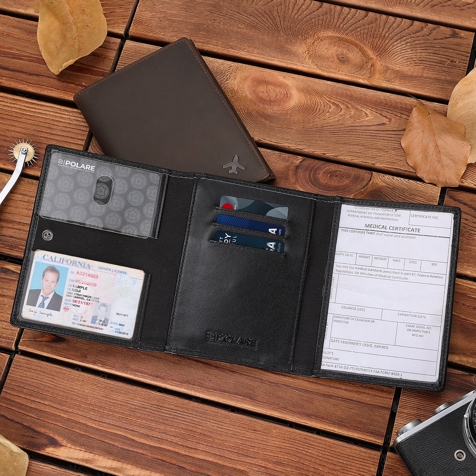 Leather Pilot Wallet Passport Holder with AirTag Slot (Black,Scenario Shows)