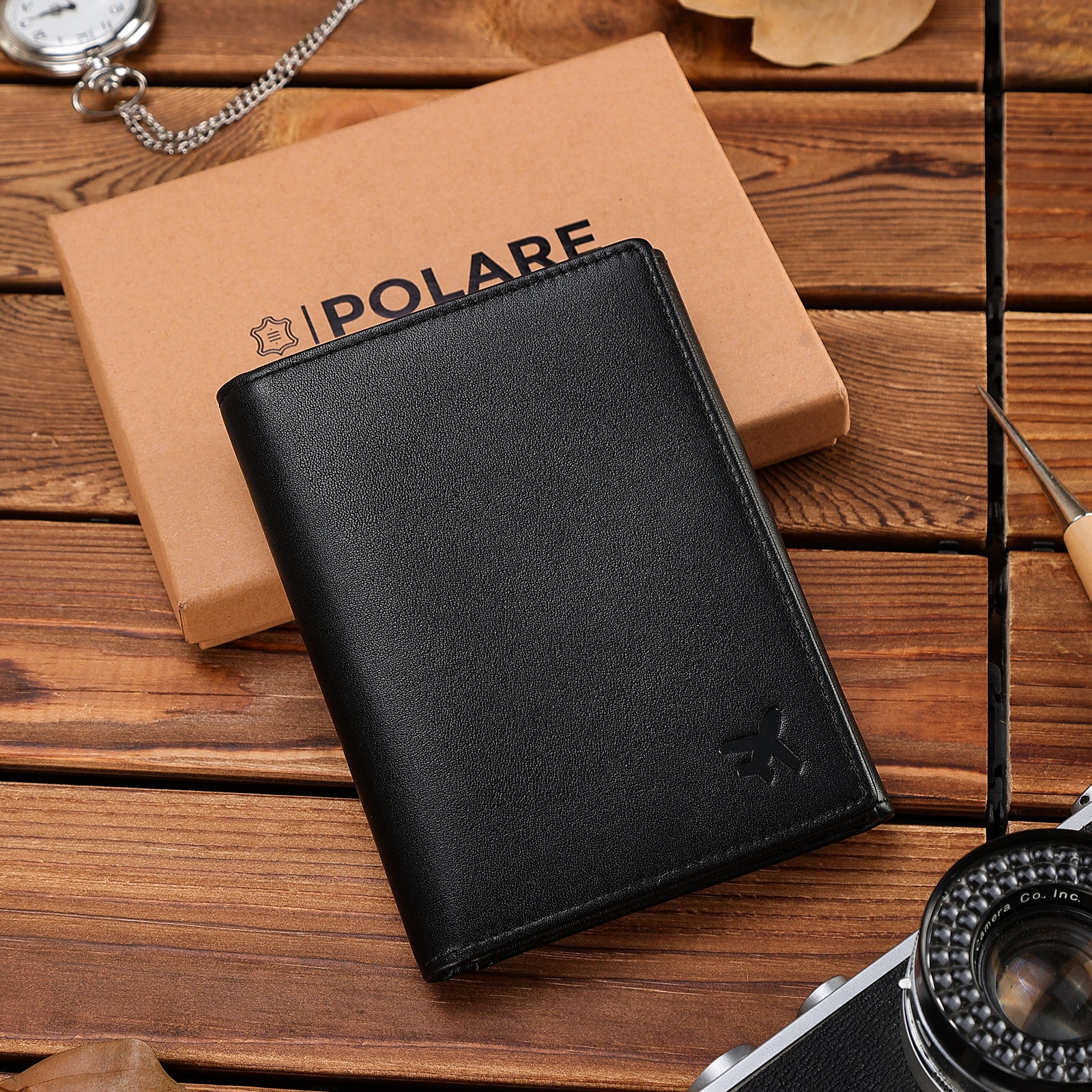 Leather Pilot Wallet Passport Holder with AirTag Slot (Black,Scenario Shows)