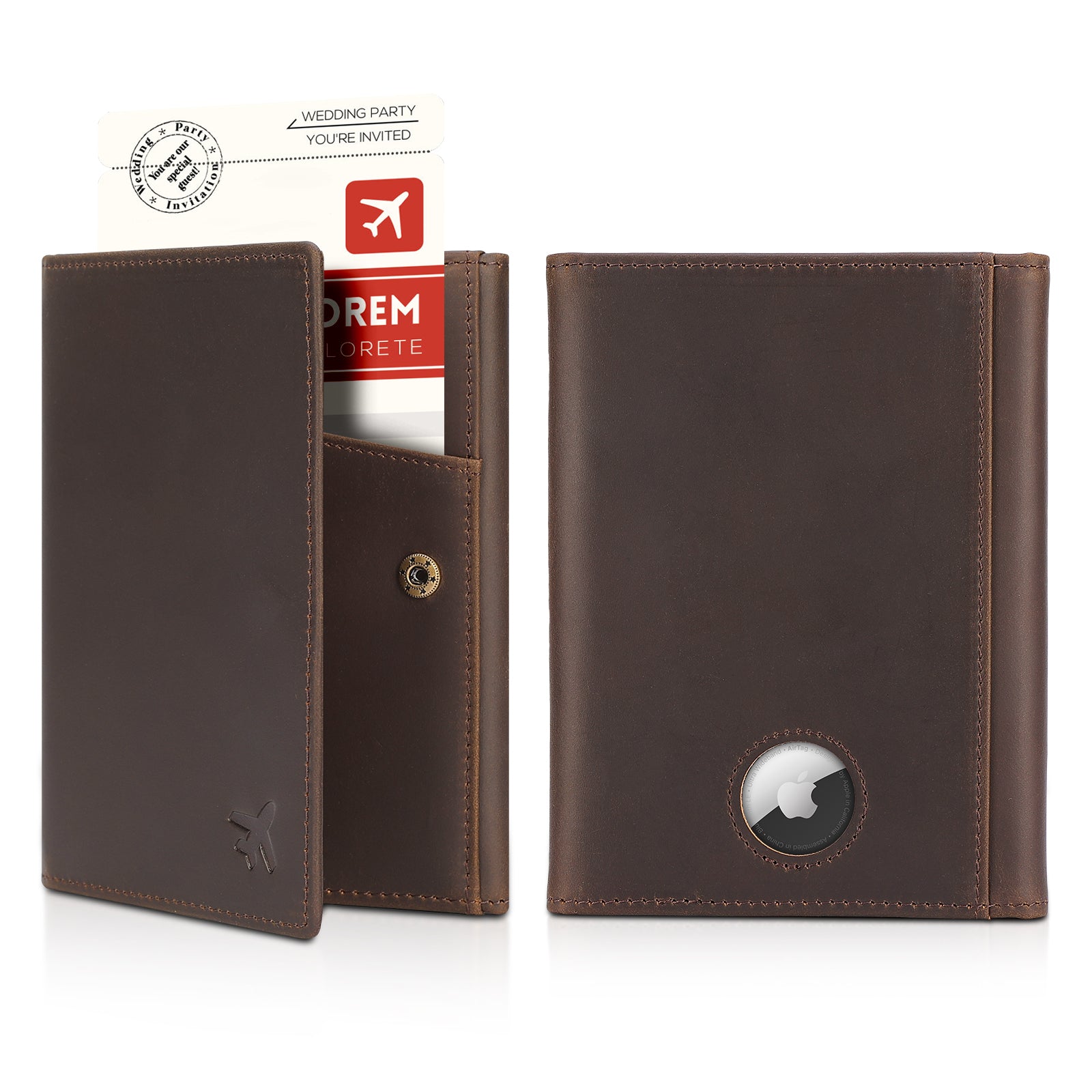 Leather Pilot Wallet Passport Holder with AirTag Slot (Dark Brown)