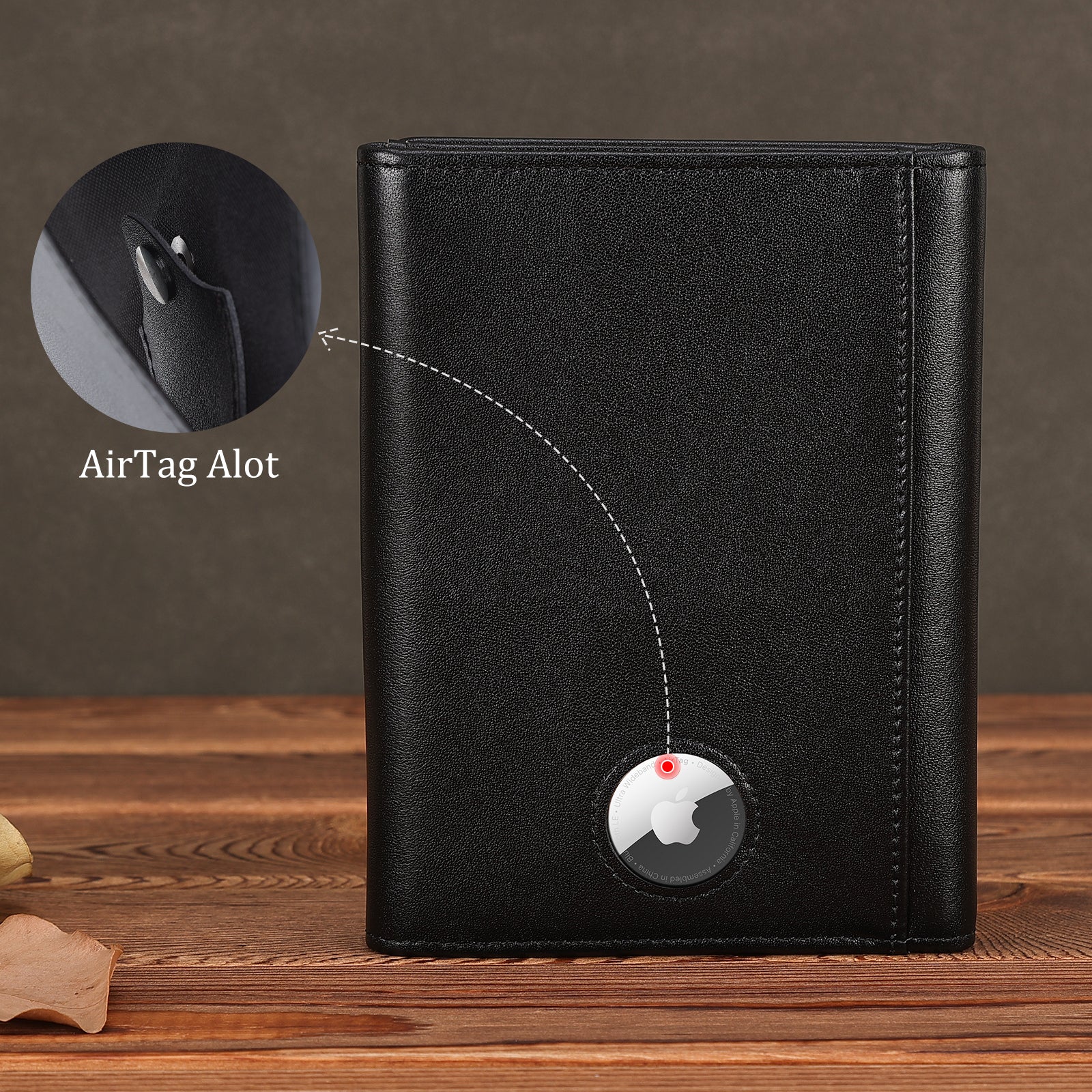 Leather Pilot Wallet Passport Holder with AirTag Slot (Black,Back)