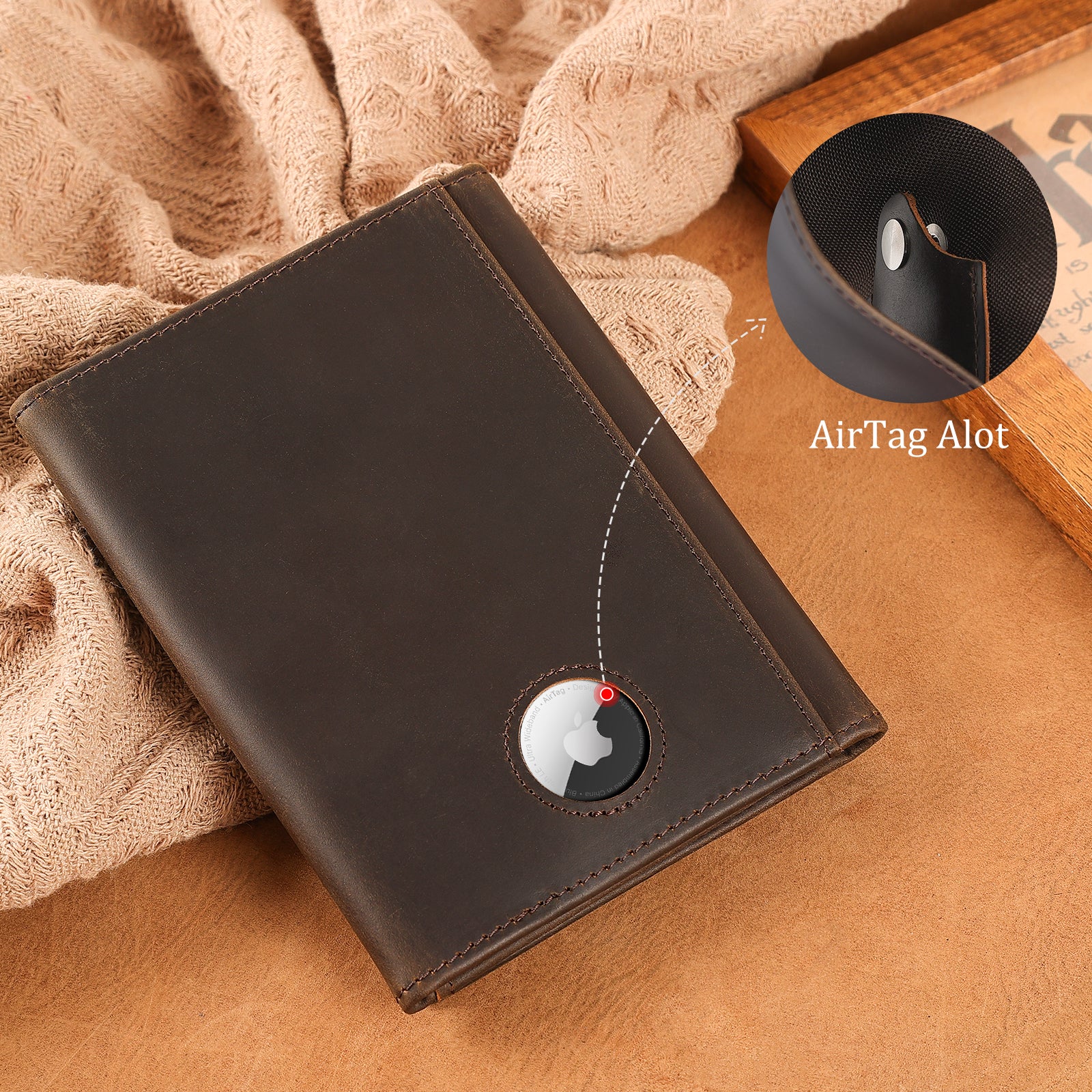 Leather Pilot Wallet Passport Holder with AirTag Slot (Dark Brown, Back)