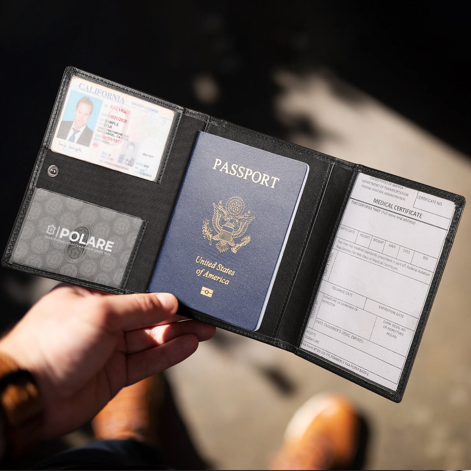 Leather Pilot Wallet Passport Holder Tri-fold Travel Cover (Black,Model Display)