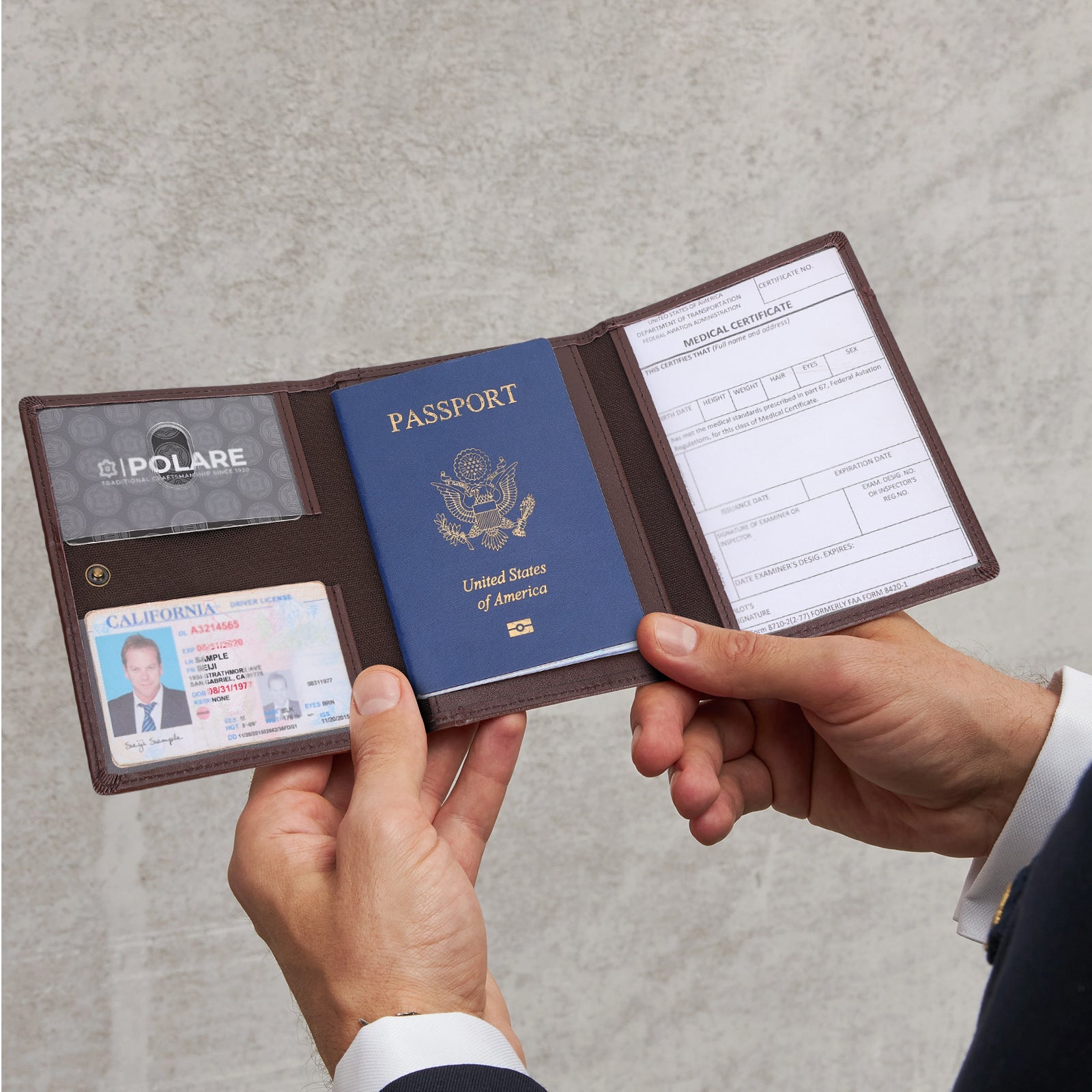 Leather Pilot Wallet Passport Holder Tri-fold Travel Cover (Coffee,Model Display)