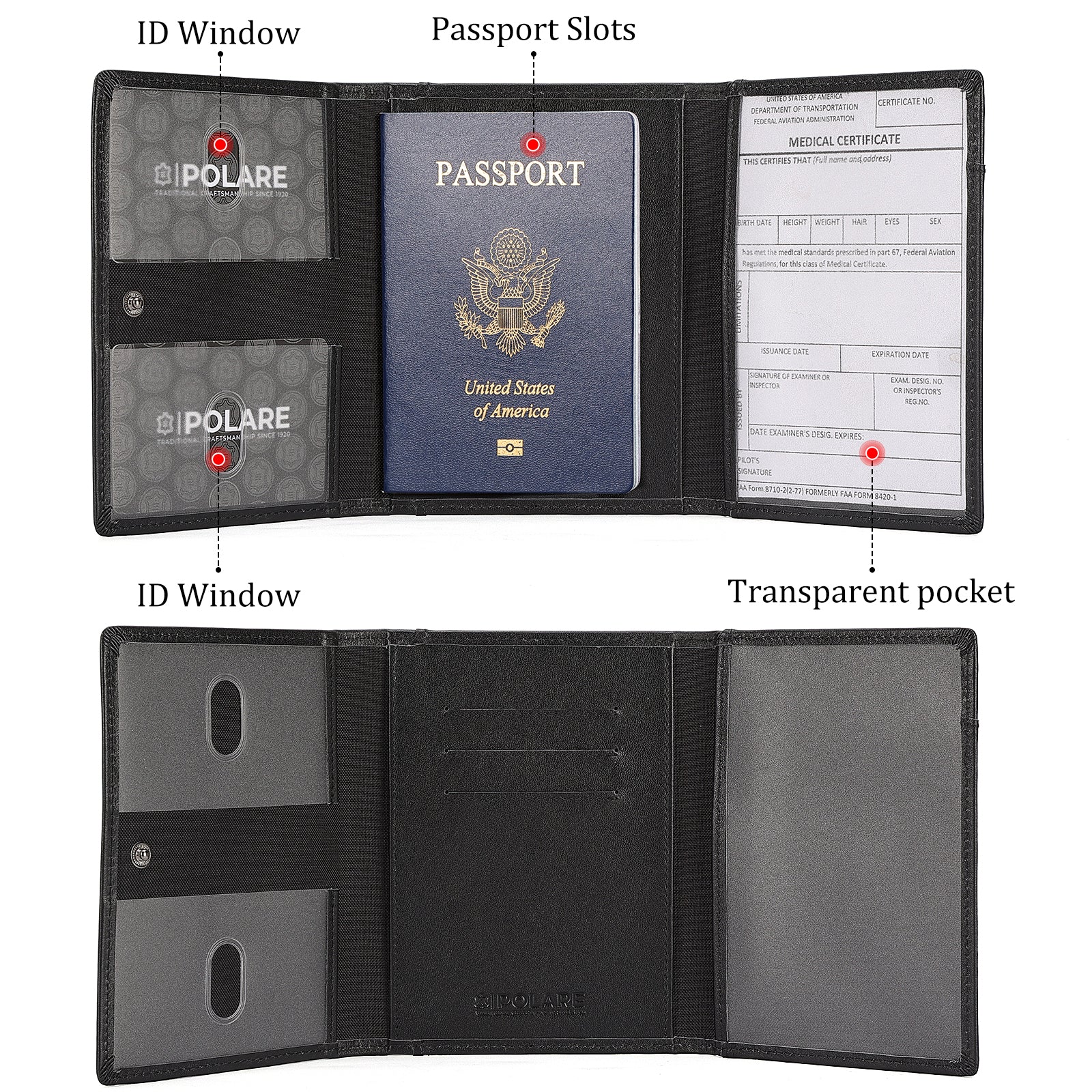 Leather Pilot Wallet Passport Holder Tri-fold Travel Cover (Black,Inside)