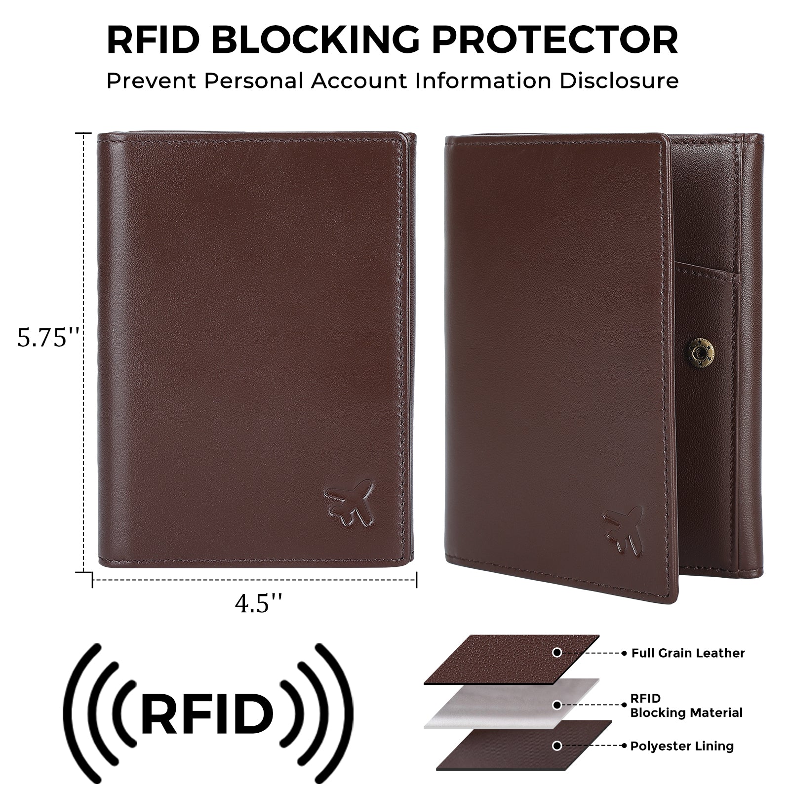 Leather Pilot Wallet Passport Holder Tri-fold Travel Cover (Coffee,Dimension)