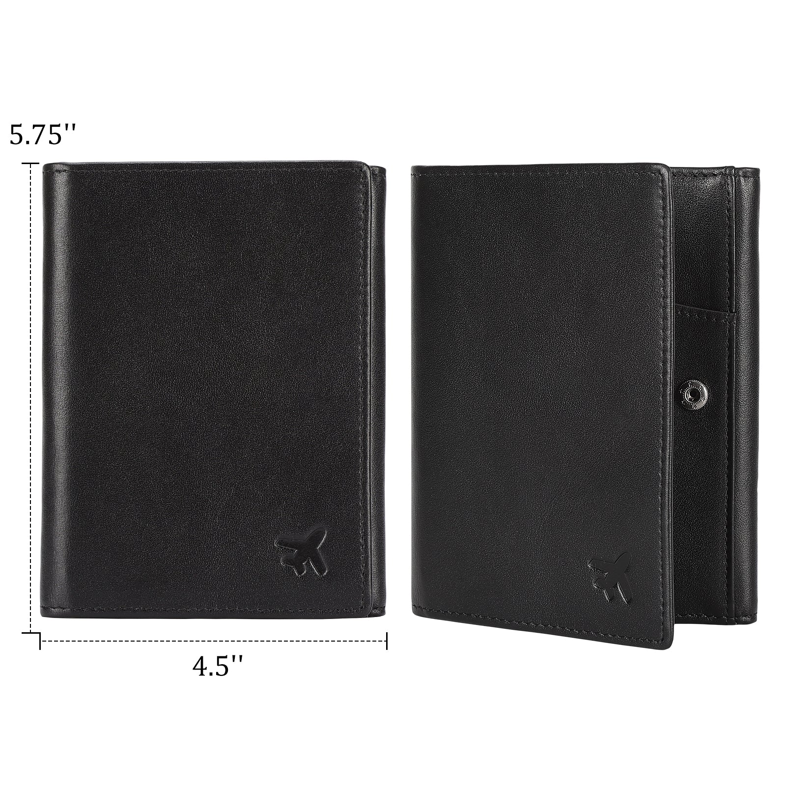 Leather Pilot Wallet Passport Holder Tri-fold Travel Cover (Black,Dimension)