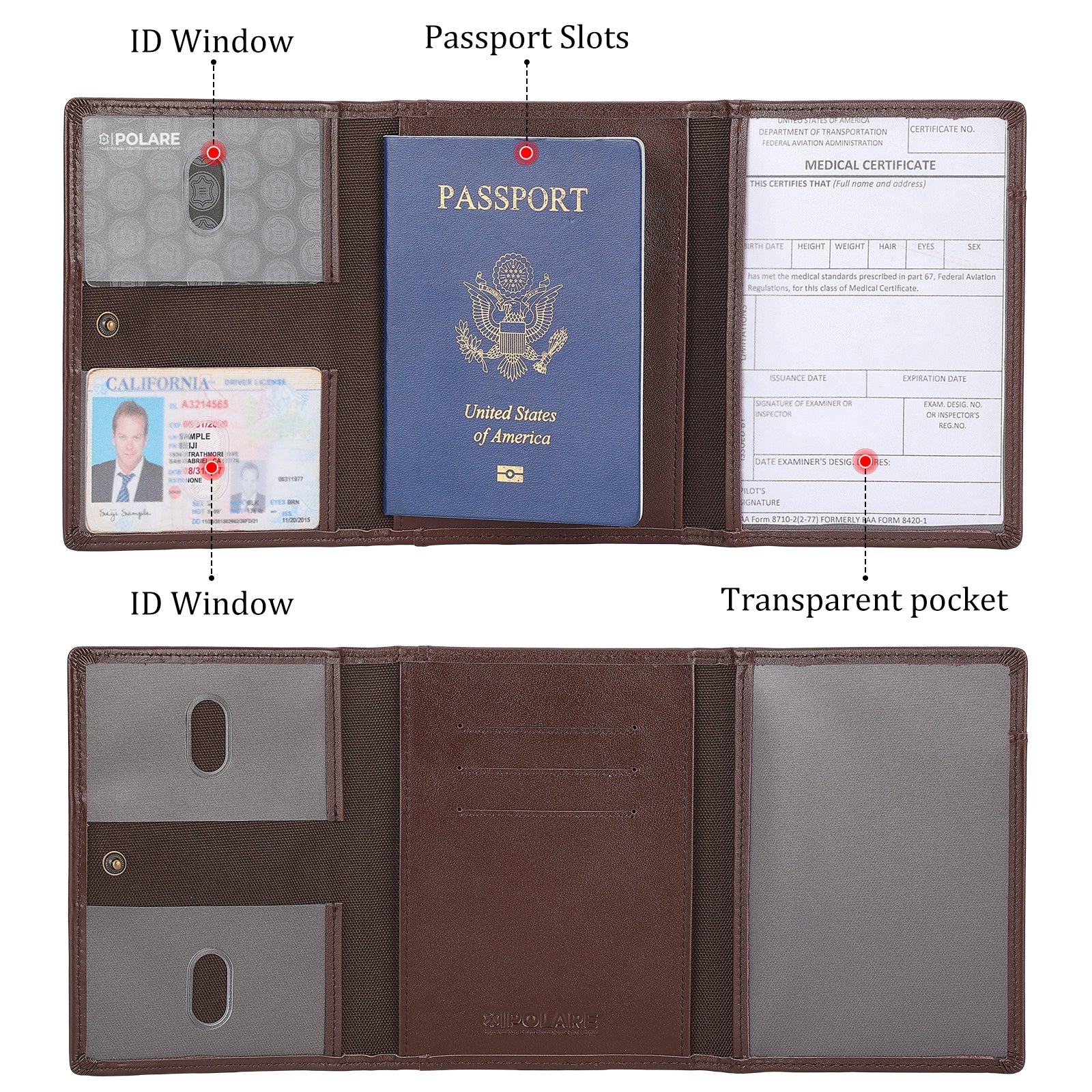 Leather Pilot Wallet Passport Holder Tri-fold Travel Cover (Coffee,Inside)