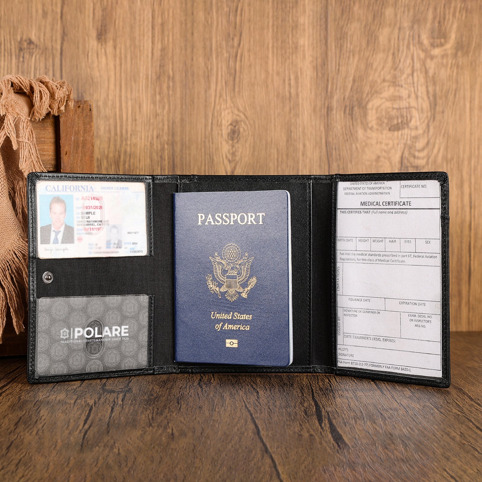 Leather Pilot Wallet Passport Holder Tri-fold Travel Cover (Black,Scenario Shows)