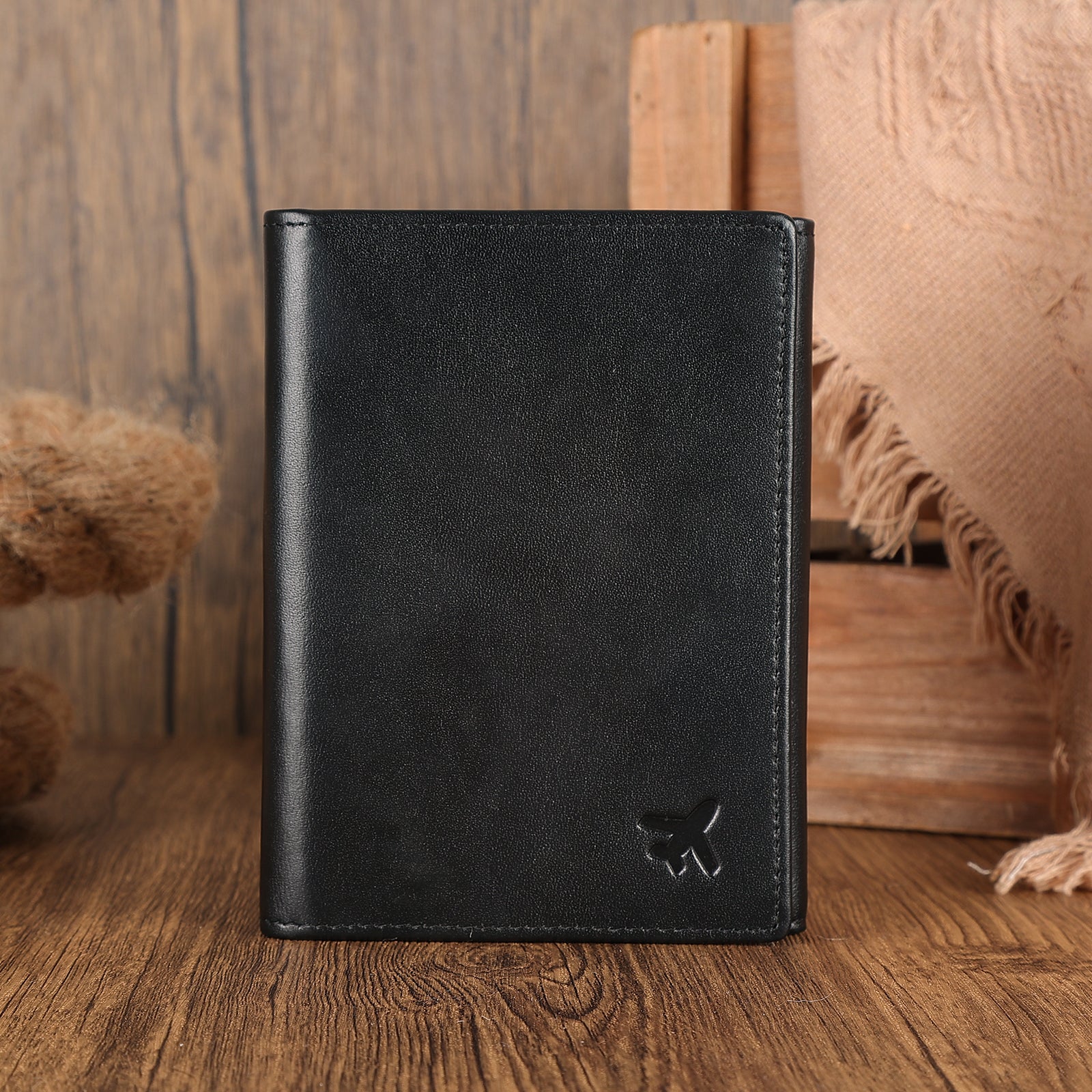 Leather Pilot Wallet Passport Holder Tri-fold Travel Cover (Black,Scenario Shows)