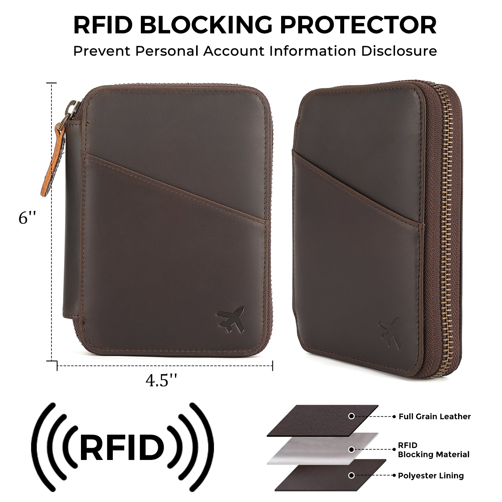 Full Grain Leather Pilot Wallet Passport Holder with YKK Zipper (Dimension)