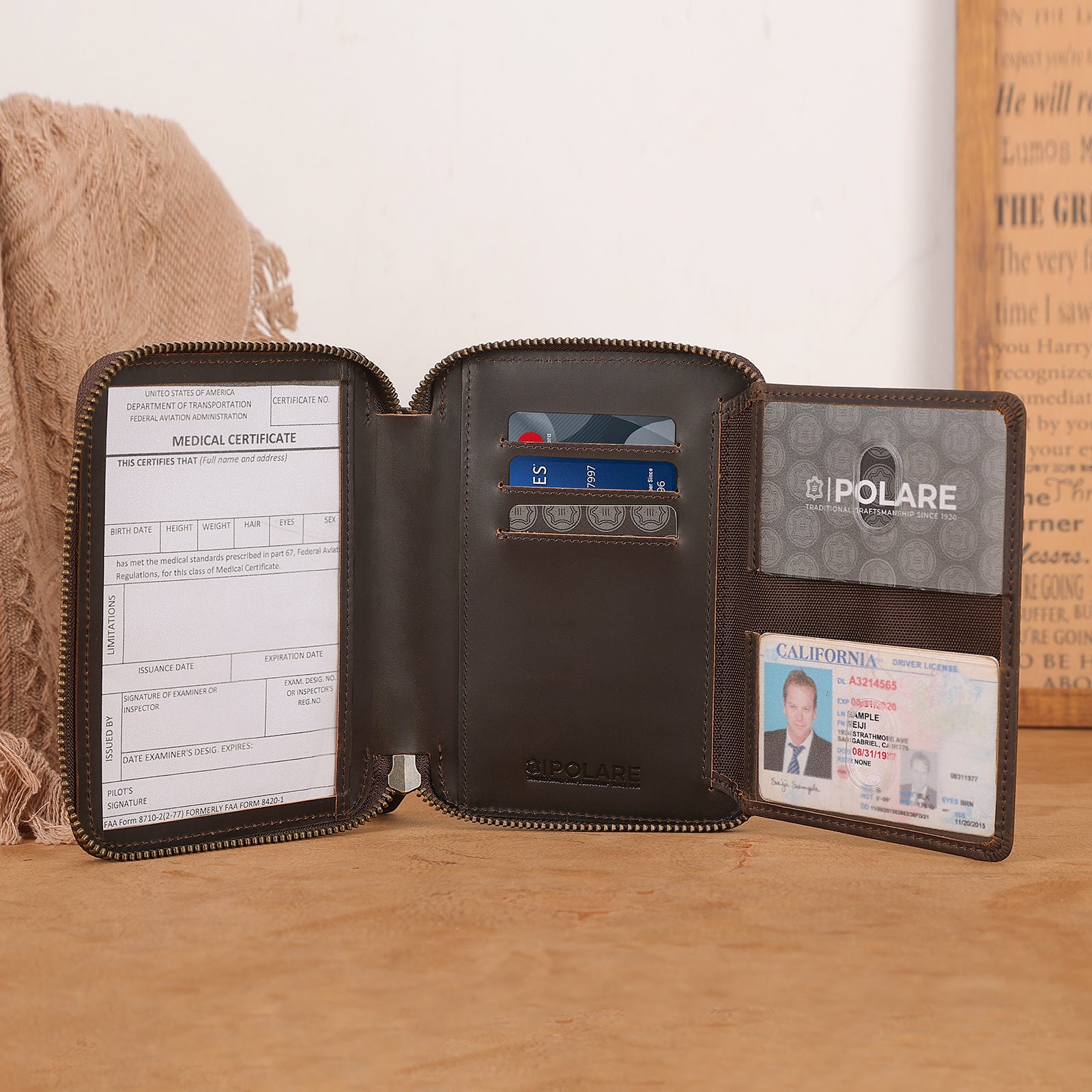 Full Grain Leather Pilot Wallet Passport Holder with YKK Zipper (Scenario Shows)