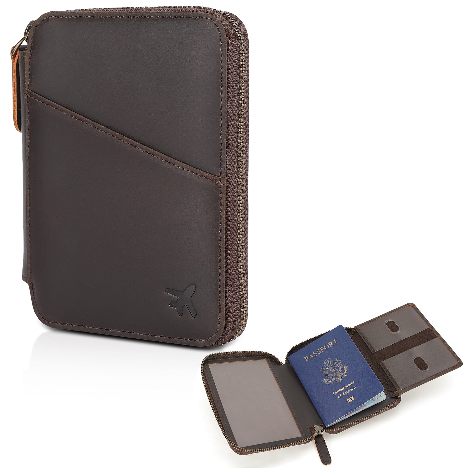Full Grain Leather Pilot Wallet Passport Holder with YKK Zipper
