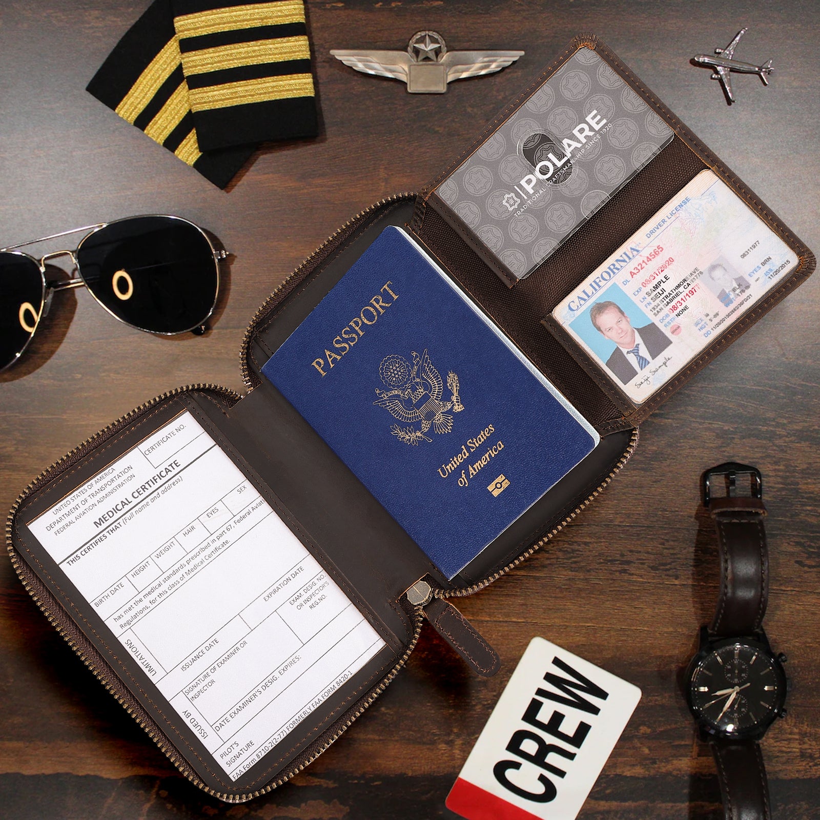 Full Grain Leather Pilot Wallet Passport Holder with YKK Zipper (Scenario Shows)