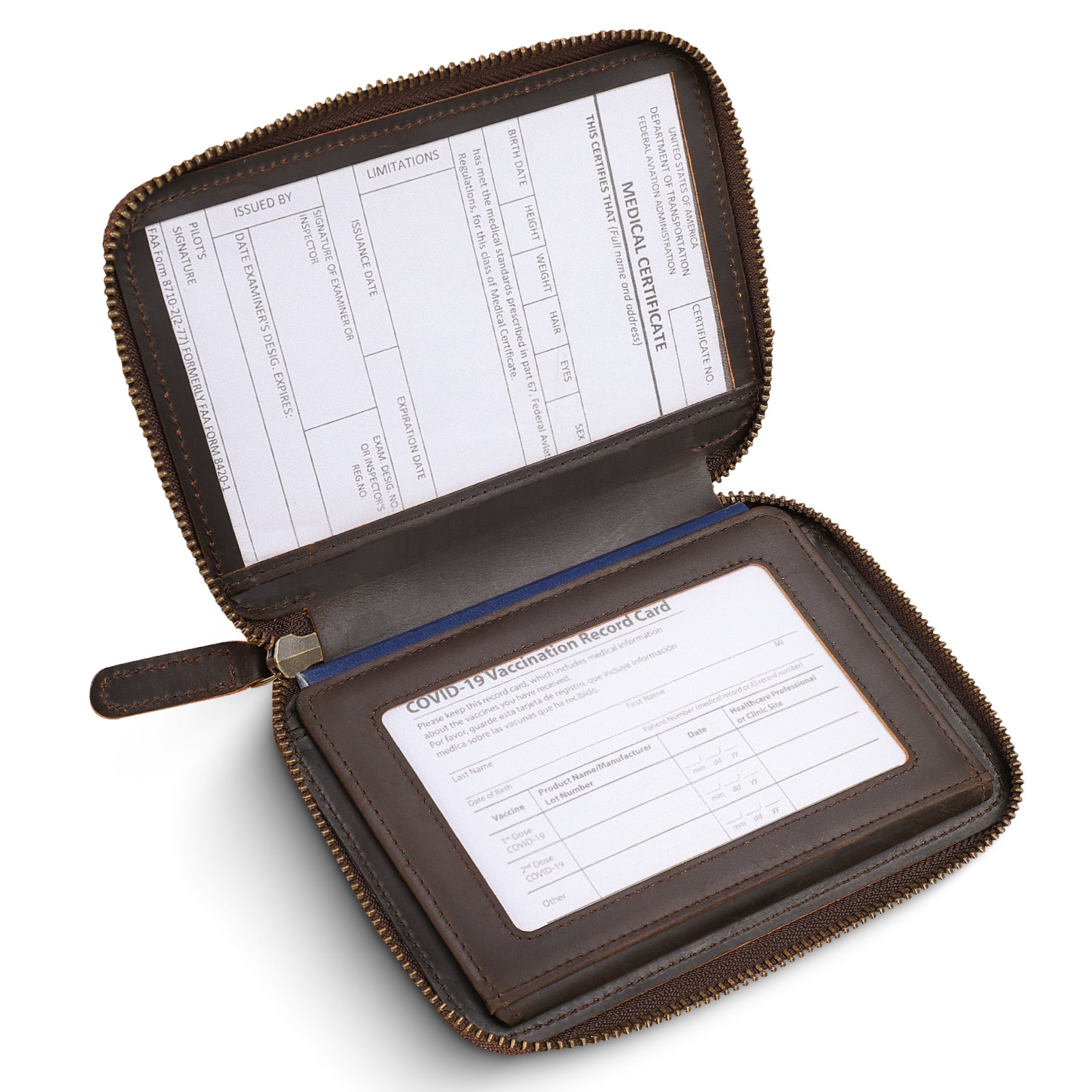 Full Grain Leather Pilot Wallet Passport Holder with YKK Zipper (Inside)