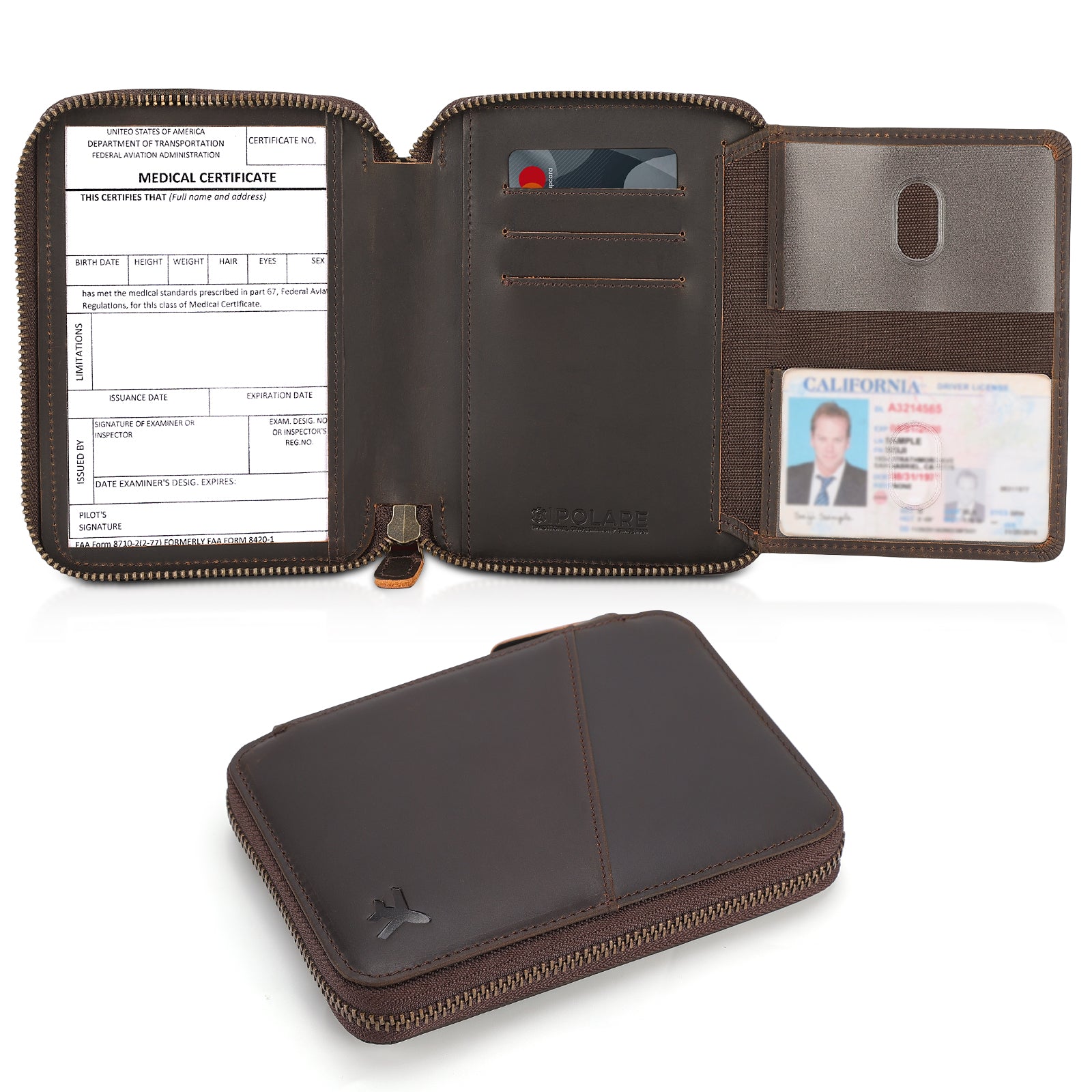 Full Grain Leather Pilot Wallet Passport Holder with YKK Zipper