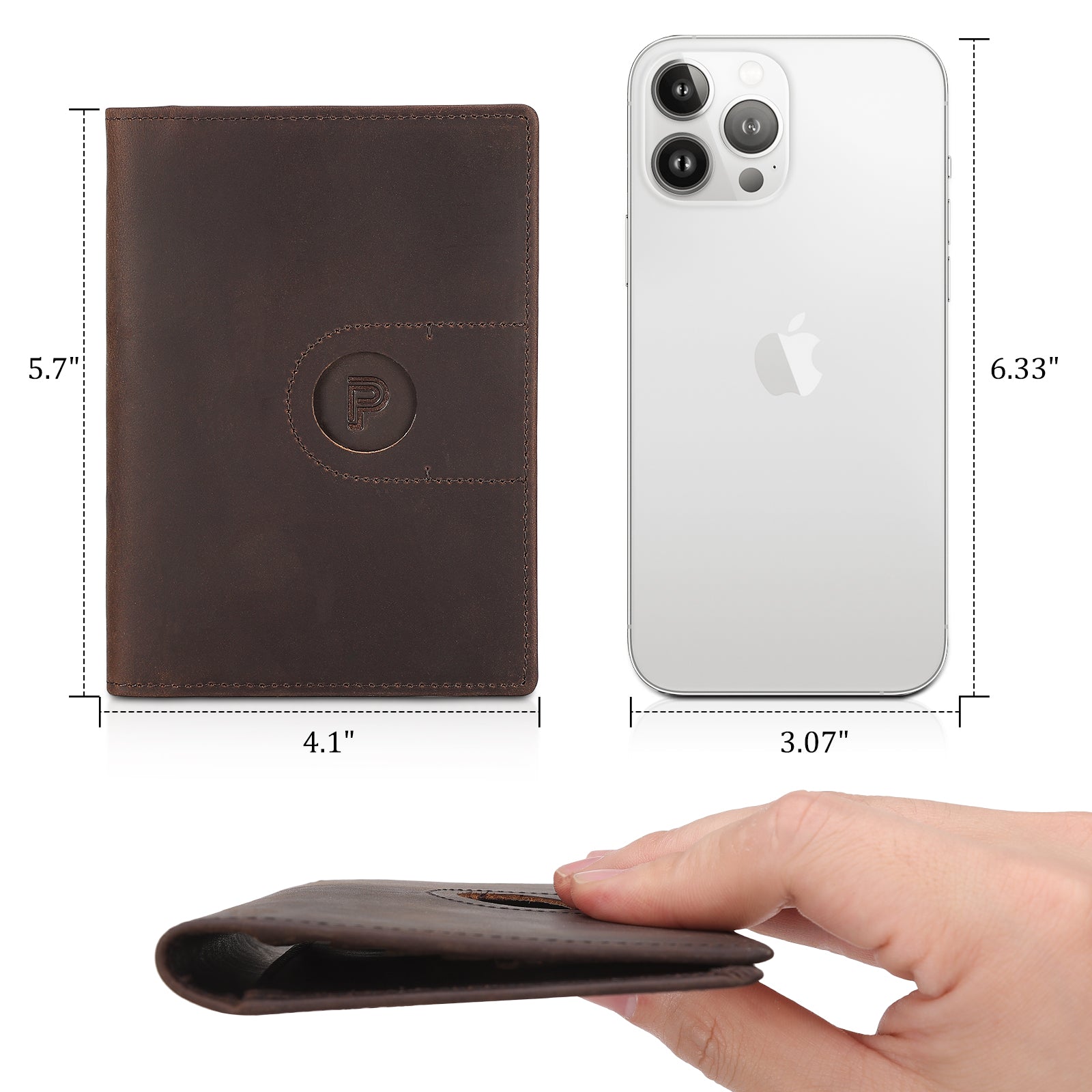 Leather Passport Holder Travel Bifold Wallet with AirTag Slot (Dimension)