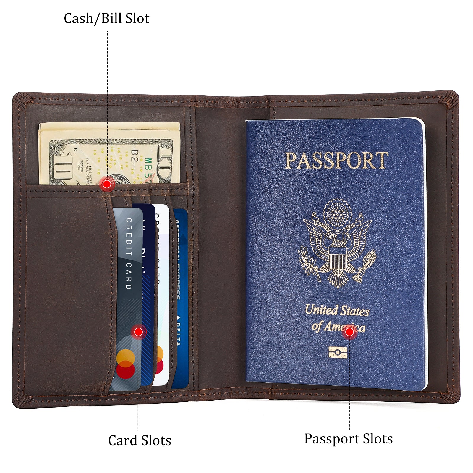 Leather Passport Holder Travel Bifold Wallet with AirTag Slot (Inside)