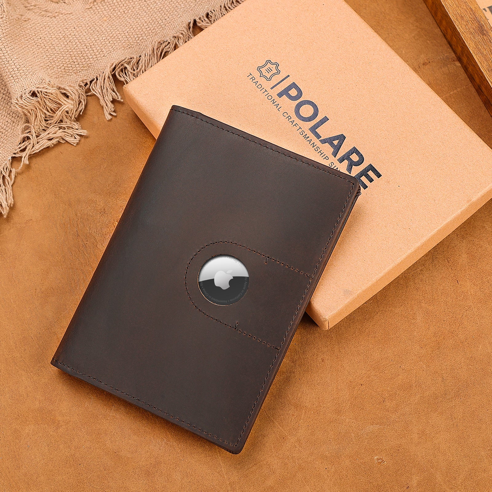 Leather Passport Holder Travel Bifold Wallet with AirTag Slot (Gift Box)