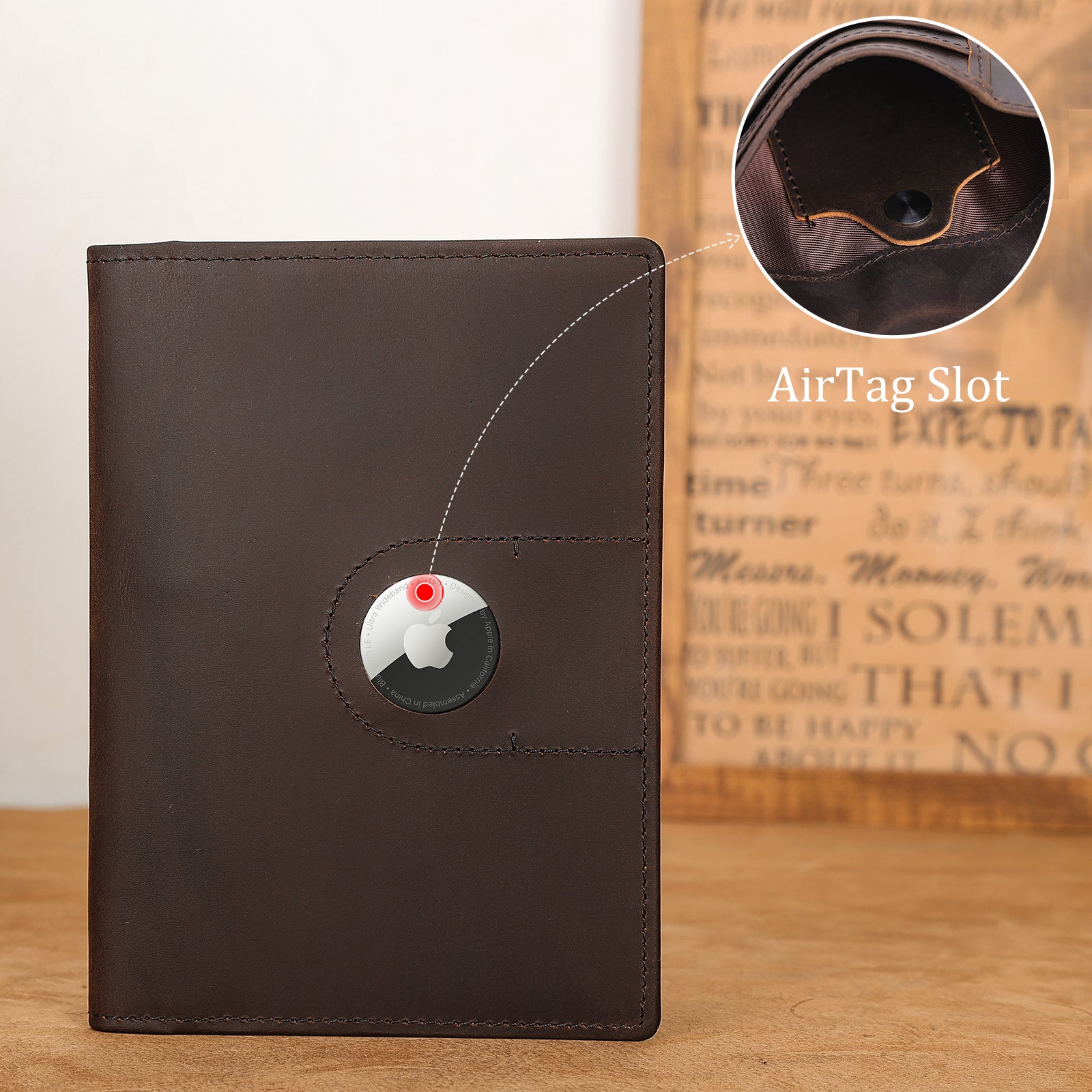 Leather Passport Holder Travel Bifold Wallet with AirTag Slot (AirTag Slot)
