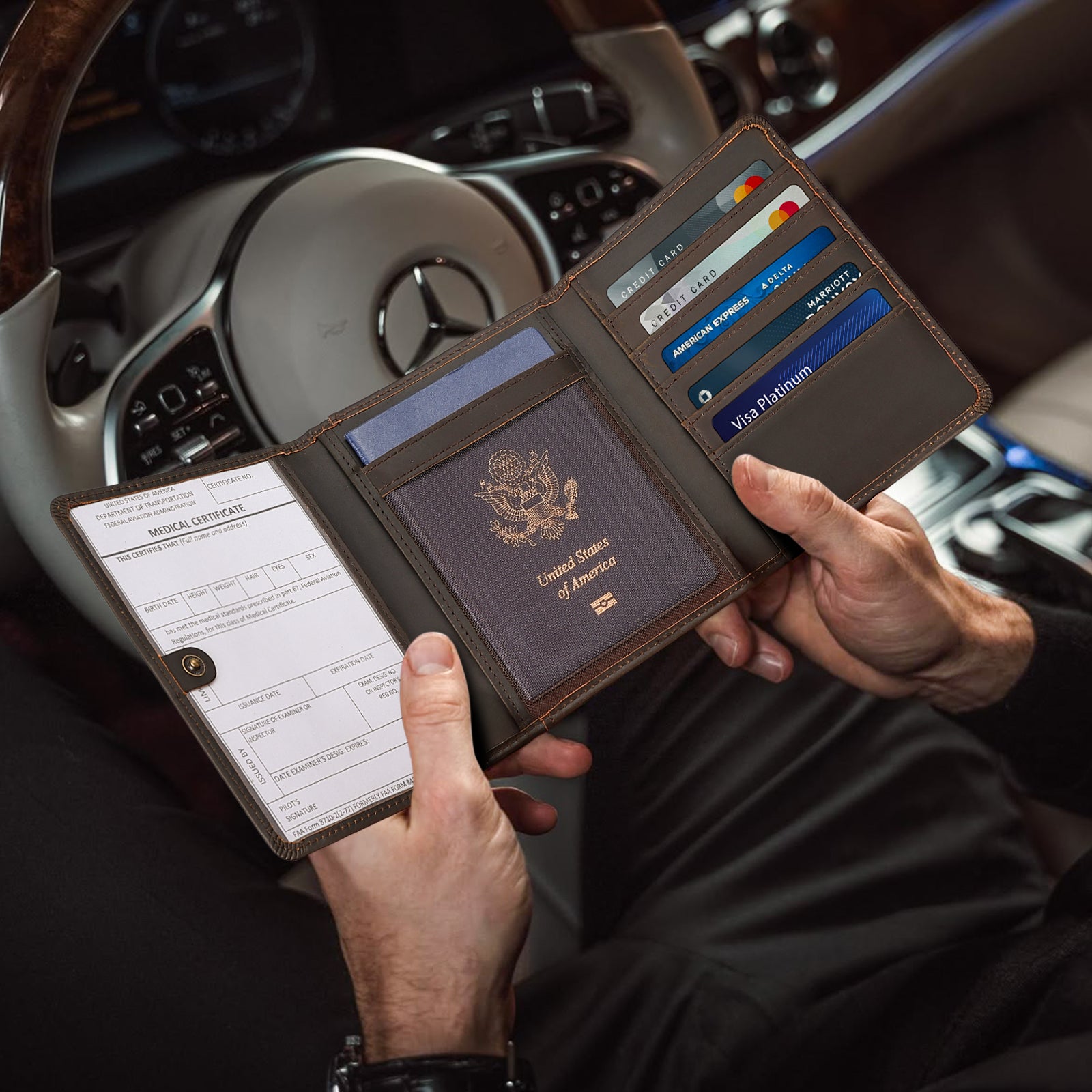 Full Grain Leather Trifold Pilot Wallet Passport Holder (Model Display)