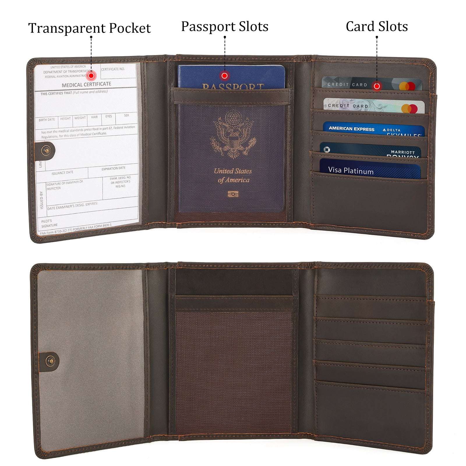 Full Grain Leather Trifold Pilot Wallet Passport Holder (Inside)