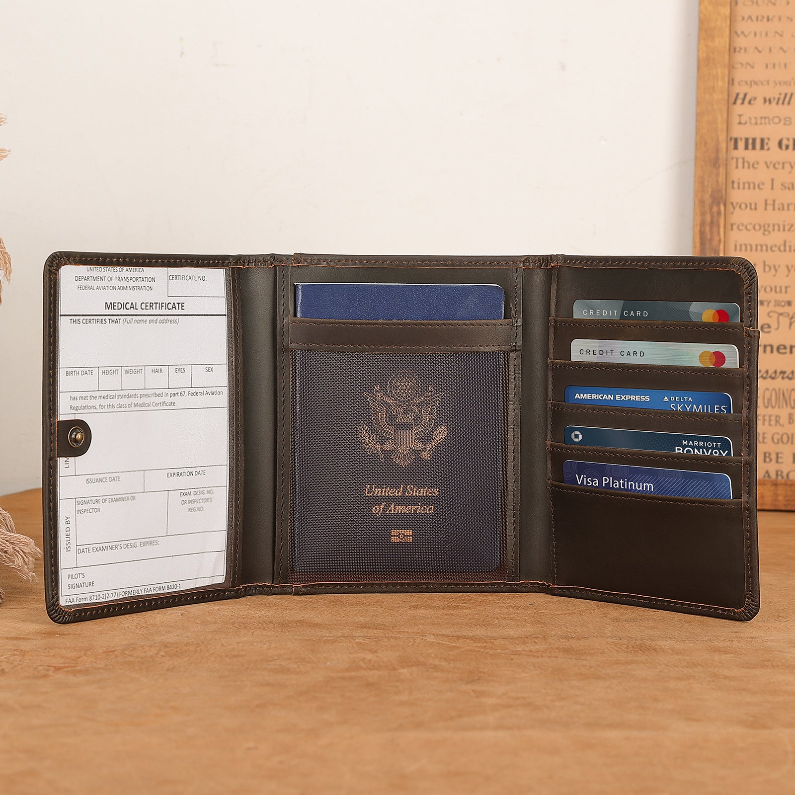 Full Grain Leather Trifold Pilot Wallet Passport Holder (Scenario Shows)