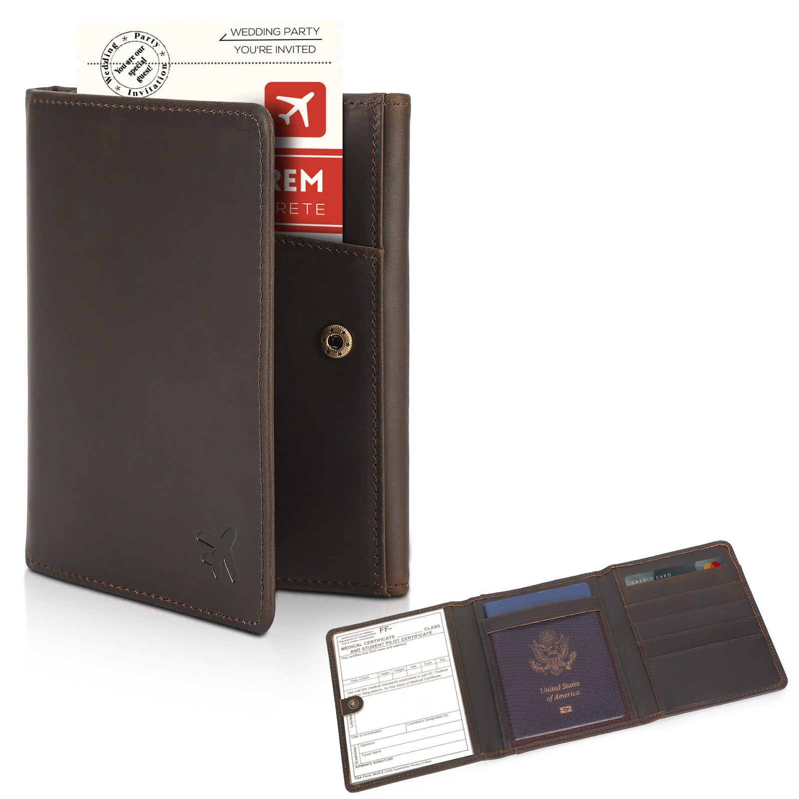Full Grain Leather Trifold Pilot Wallet Passport Holder