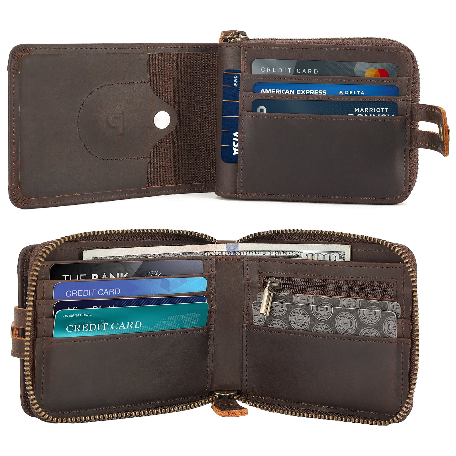 Leather Bifold Wallet RFID Blocking Card Case with AirTag Slot (Inside)