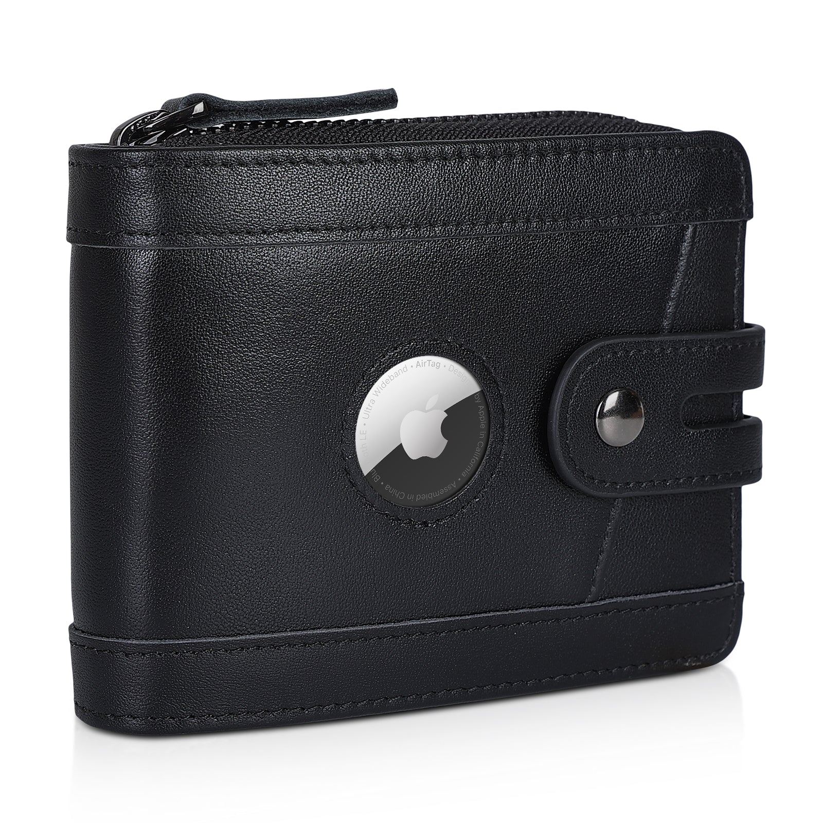 Leather Bifold Wallet RFID Blocking Card Case with AirTag Slot (Black)