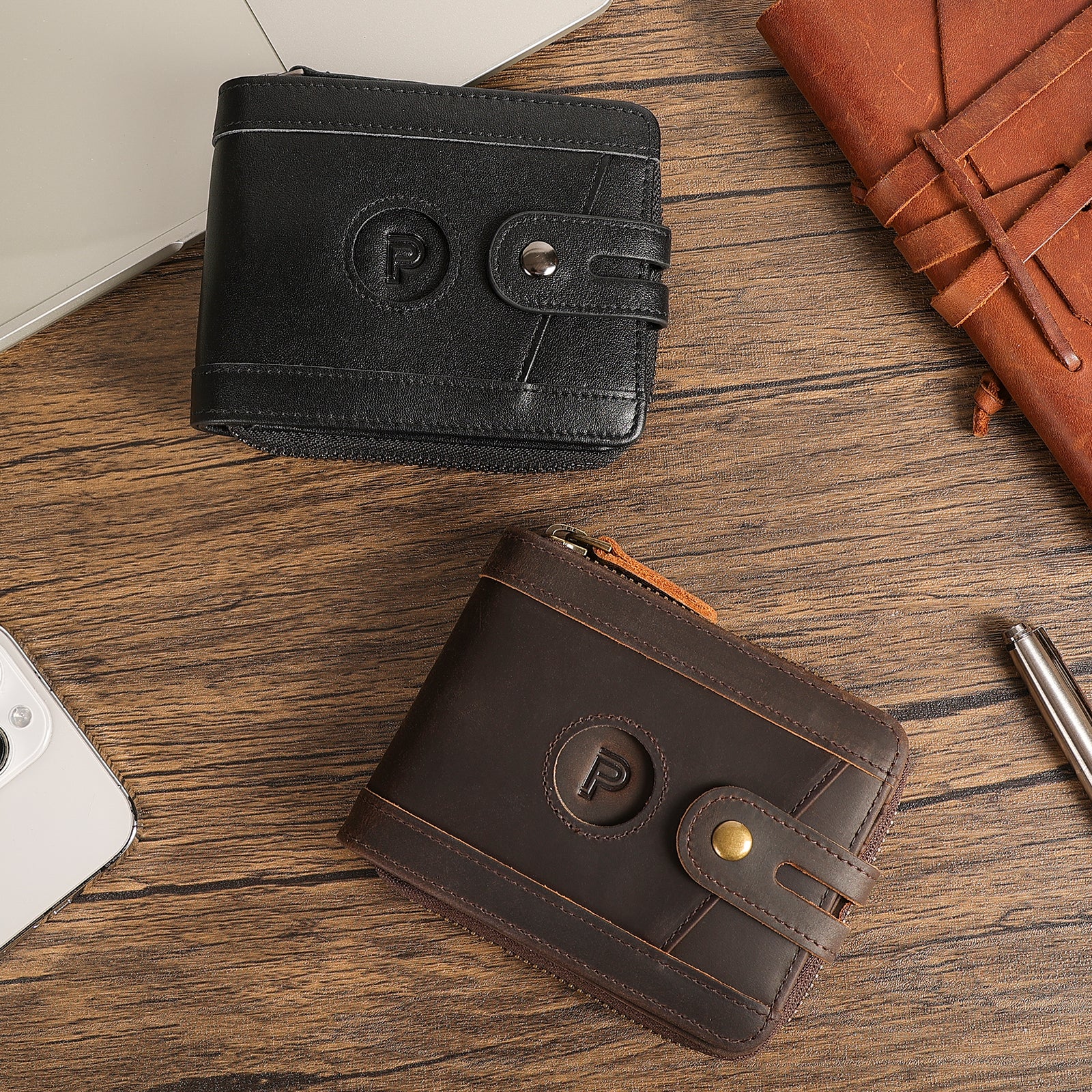 Leather Bifold Wallet RFID Blocking Card Case with AirTag Slot (Scenario Shows)