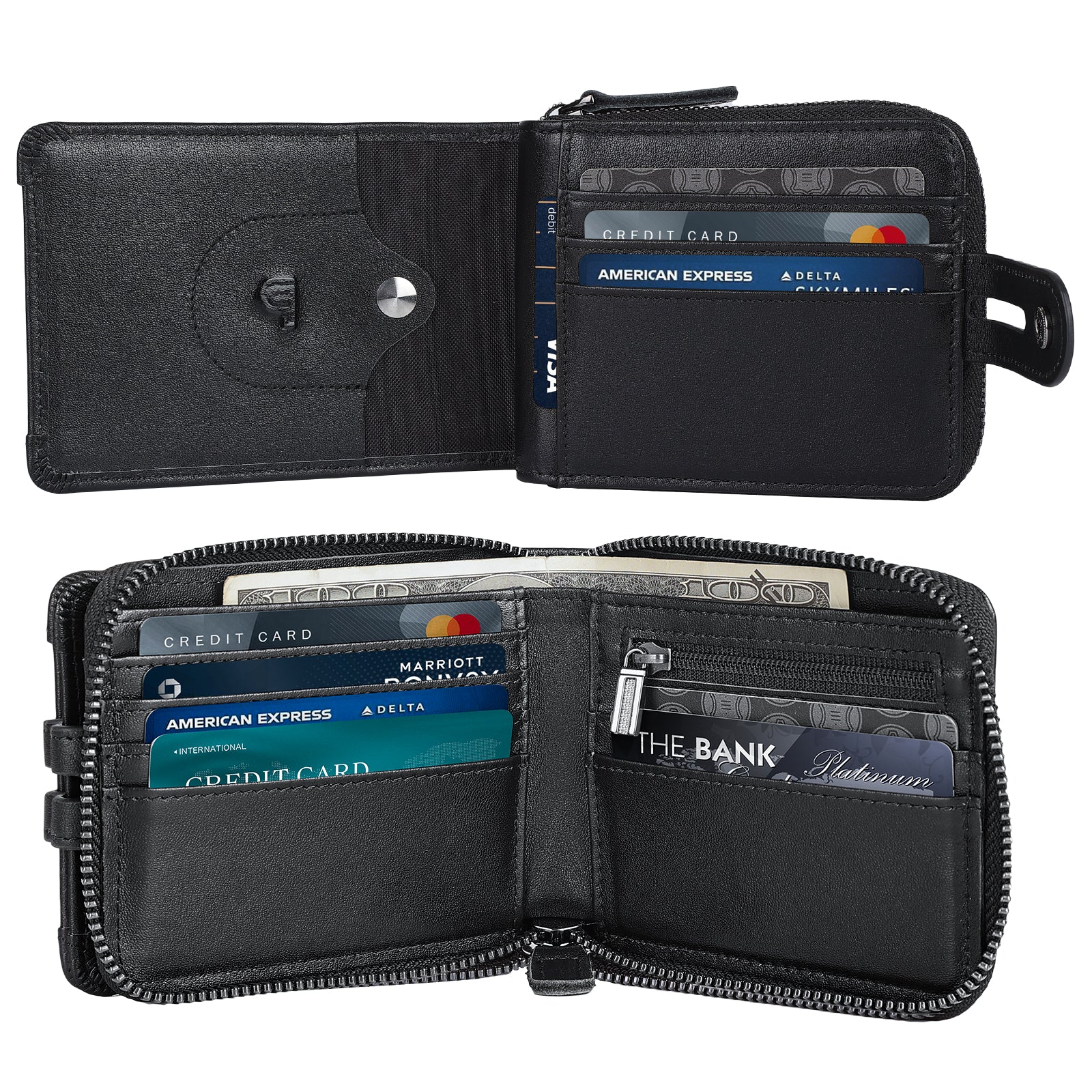 Leather Bifold Wallet RFID Blocking Card Case with AirTag Slot (Black,Inside)