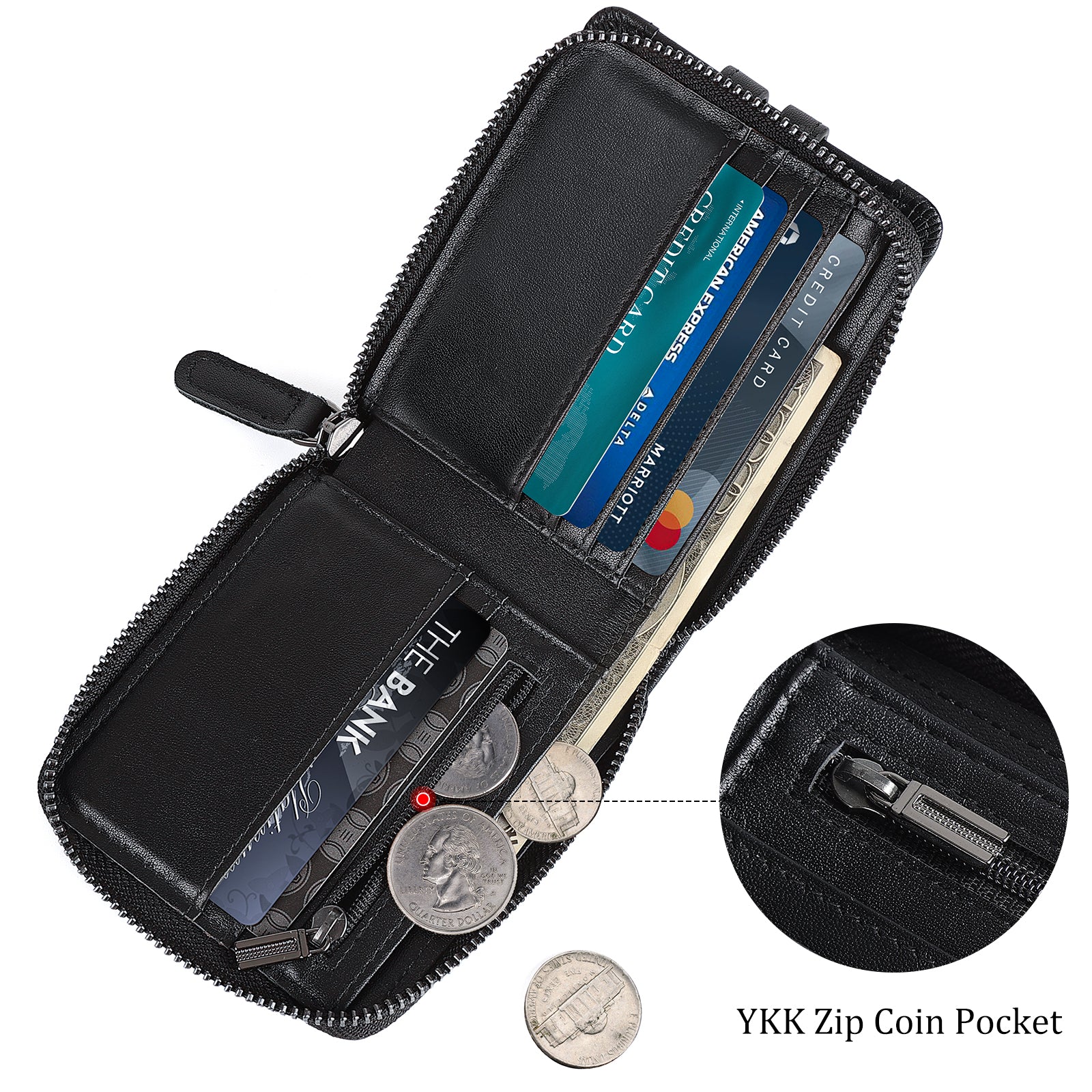 Leather Bifold Wallet RFID Blocking Card Case with AirTag Slot (Black,Inside)