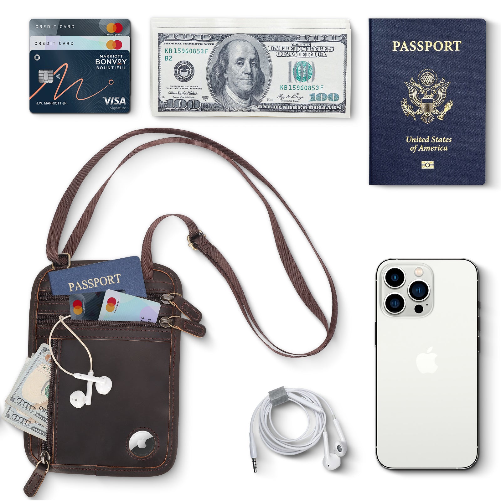 Polare Full Grain Leather Neck Wallet Travel Pouch for Men (Dark Brown,Front)