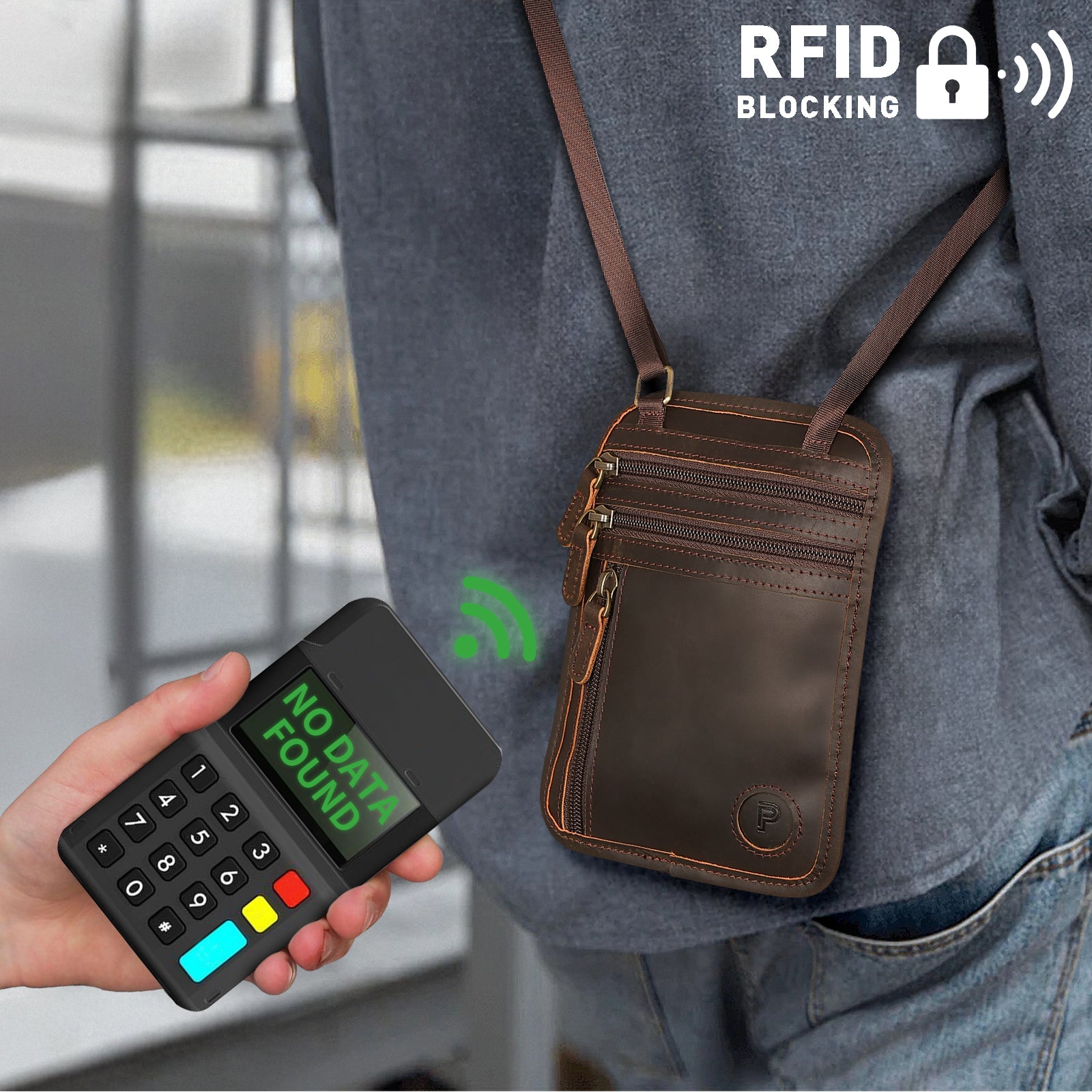 Polare Full Grain Leather Neck Wallet Travel Pouch for Men (Dark Brown,RFID Blocking)