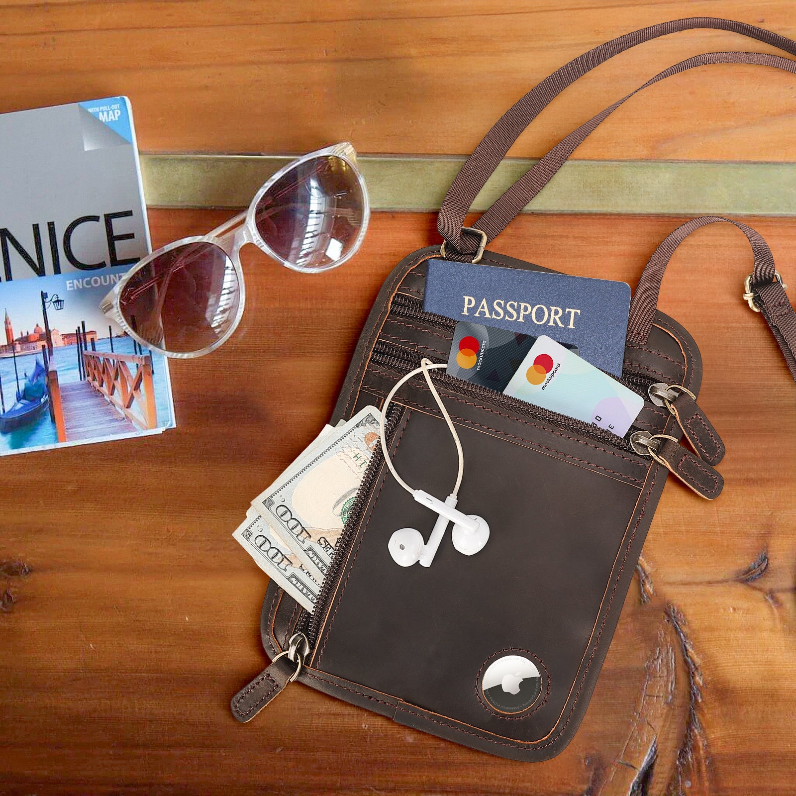 Polare Full Grain Leather Neck Wallet Travel Pouch for Men (Dark Brown,Scenario Shows)