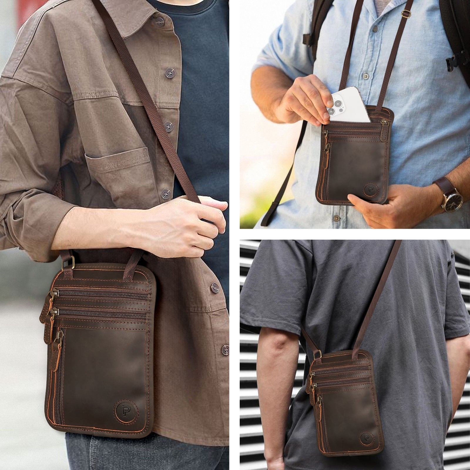 Polare Full Grain Leather Neck Wallet Travel Pouch for Men (Dark Brown,Model Display)