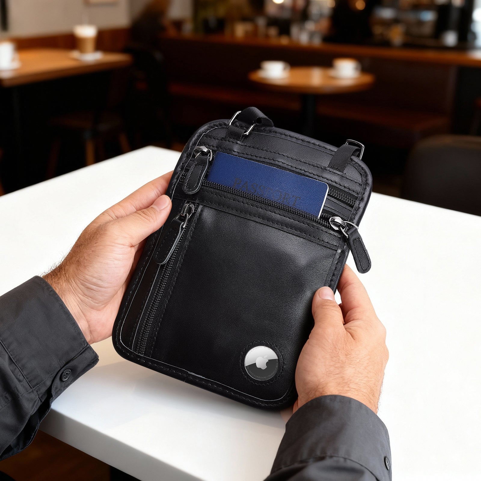 Polare Full Grain Leather Neck Wallet Travel Pouch for Men (Black,Model Display)