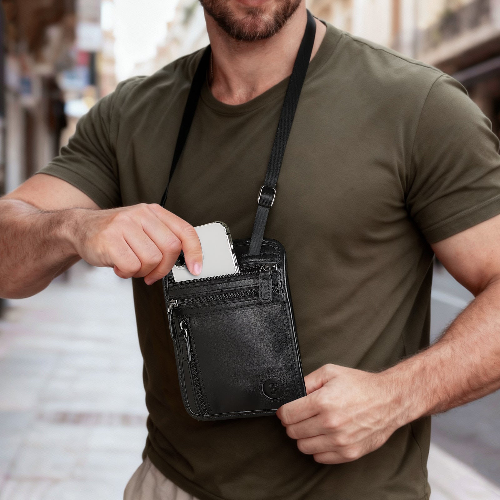 Polare Full Grain Leather Neck Wallet Travel Pouch for Men (Black,Model Display)