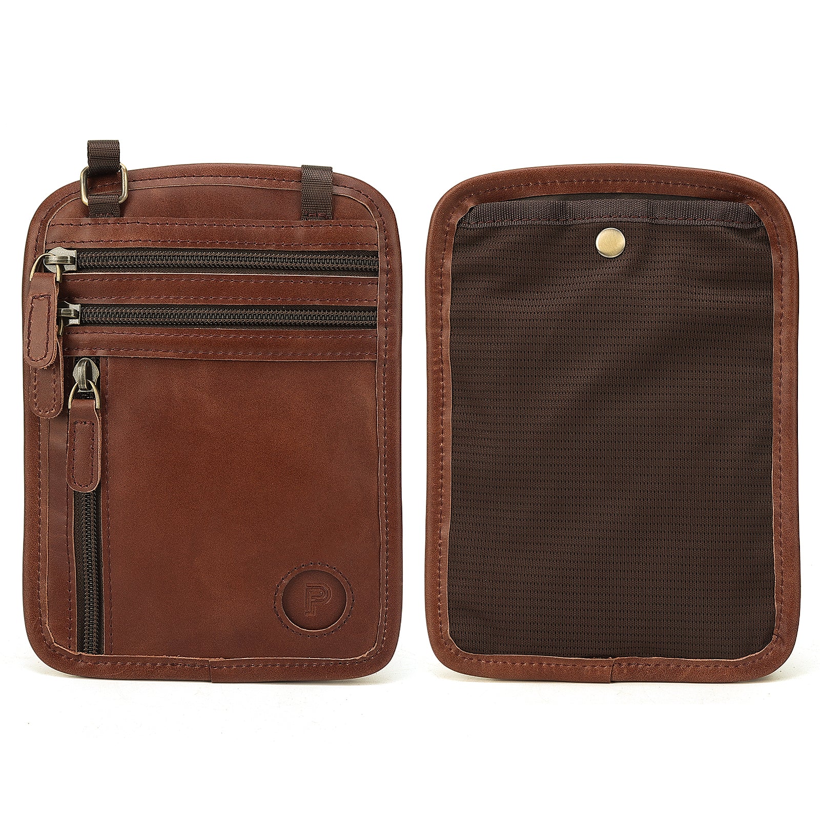 Polare Full Grain Leather Neck Wallet RFID Blocking Passport Holder Travel Pouch for Men (Dark Brown/Black)