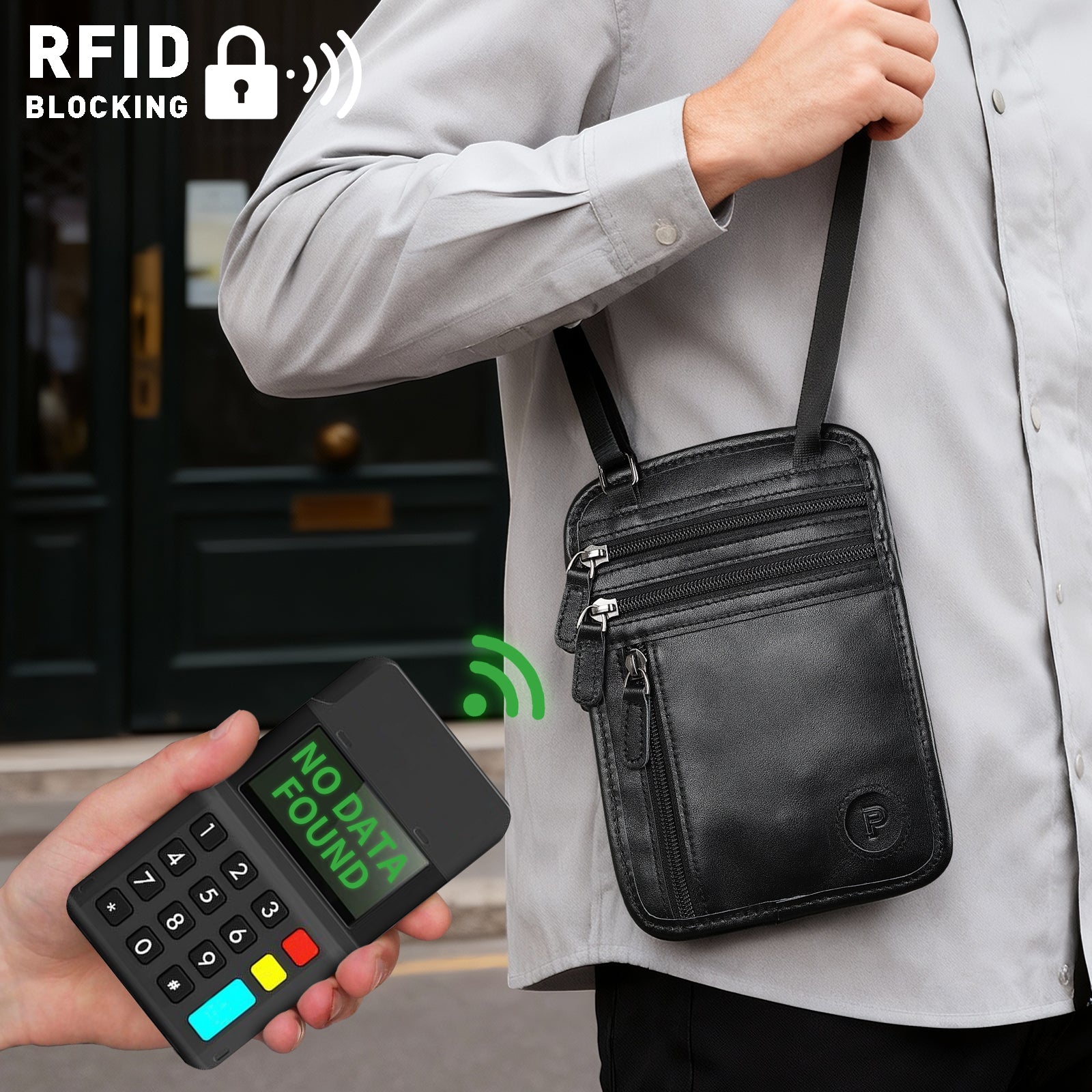 Polare Full Grain Leather Neck Wallet Travel Pouch for Men (Black,Model Display)