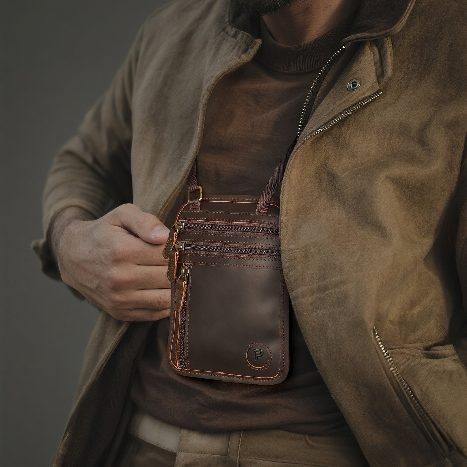 Polare Full Grain Leather Neck Wallet Travel Pouch for Men (Dark Brown,Model Display)