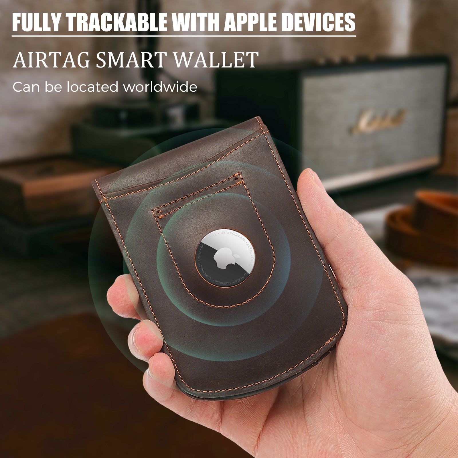 Slim Curve Front Pocket Leather Bifold Wallet with AirTag Holder (Model Display)