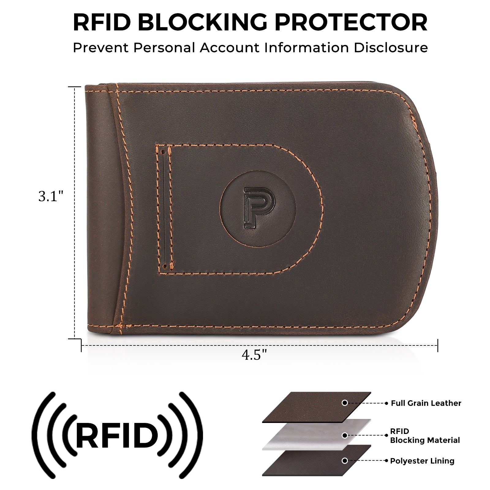 Slim Curve Front Pocket Leather Bifold Wallet with AirTag Holder (Dimension)