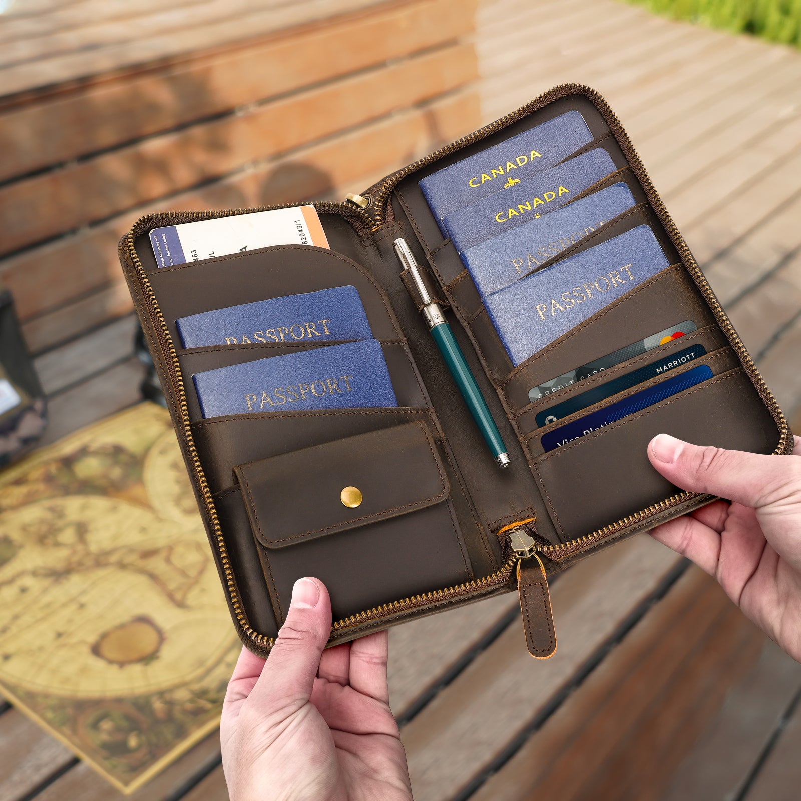 Leather Family Passport Holder with Coin Pouch AirTag Slot (Model Display)