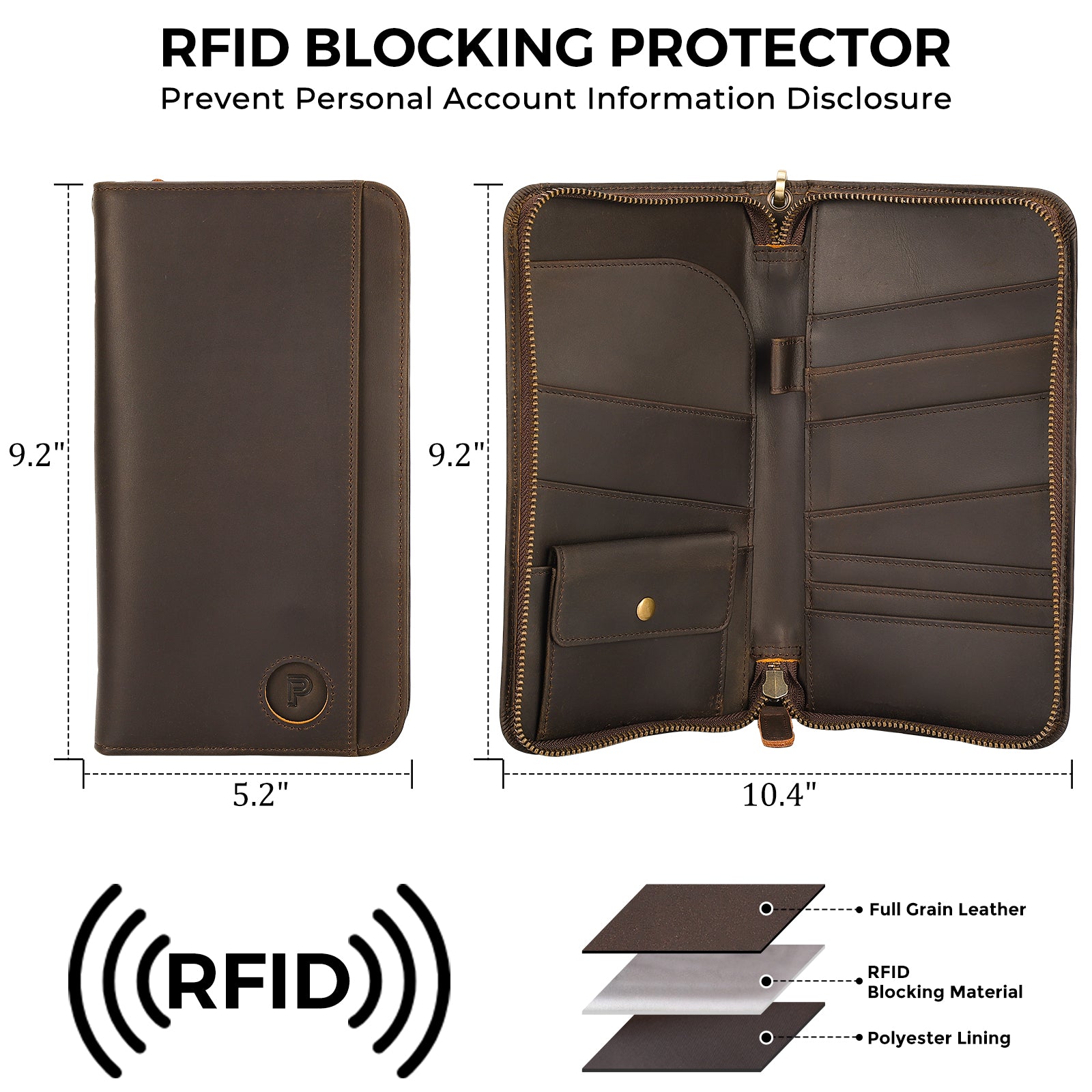 Leather Family Passport Holder with Coin Pouch AirTag Slot (Dimension)
