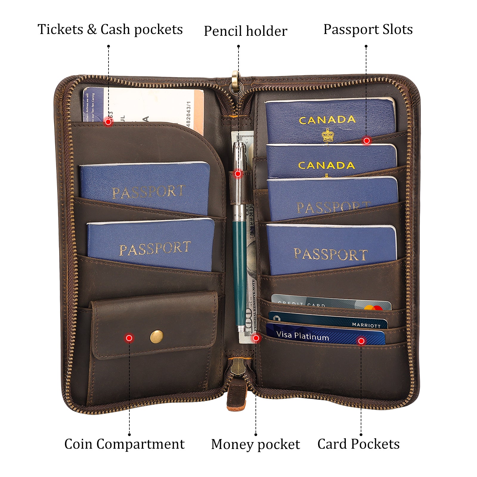 Leather Family Passport Holder with Coin Pouch AirTag Slot (Inside)
