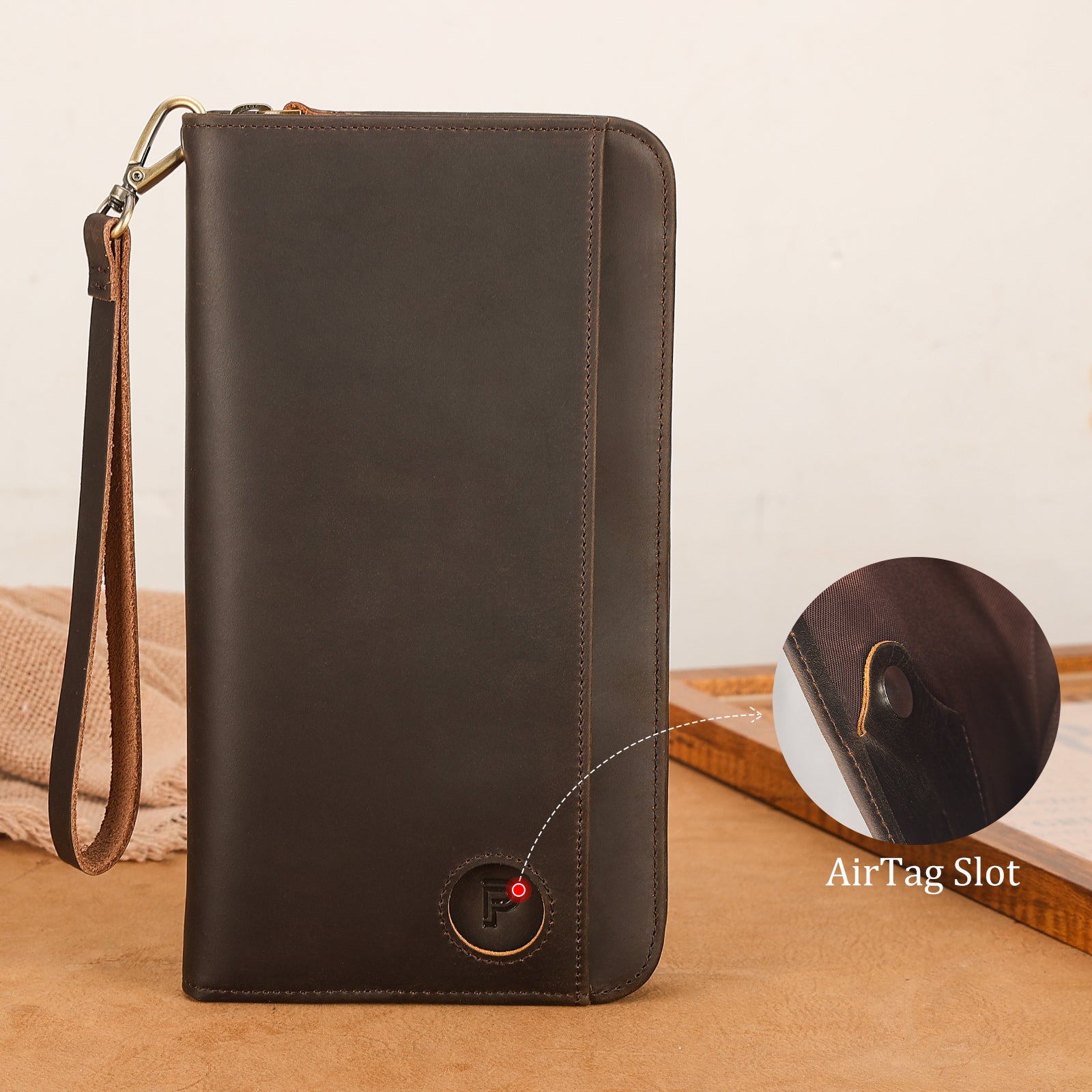 Leather Family Passport Holder with Coin Pouch AirTag Slot (Scenario Shows,Airtag Slot)