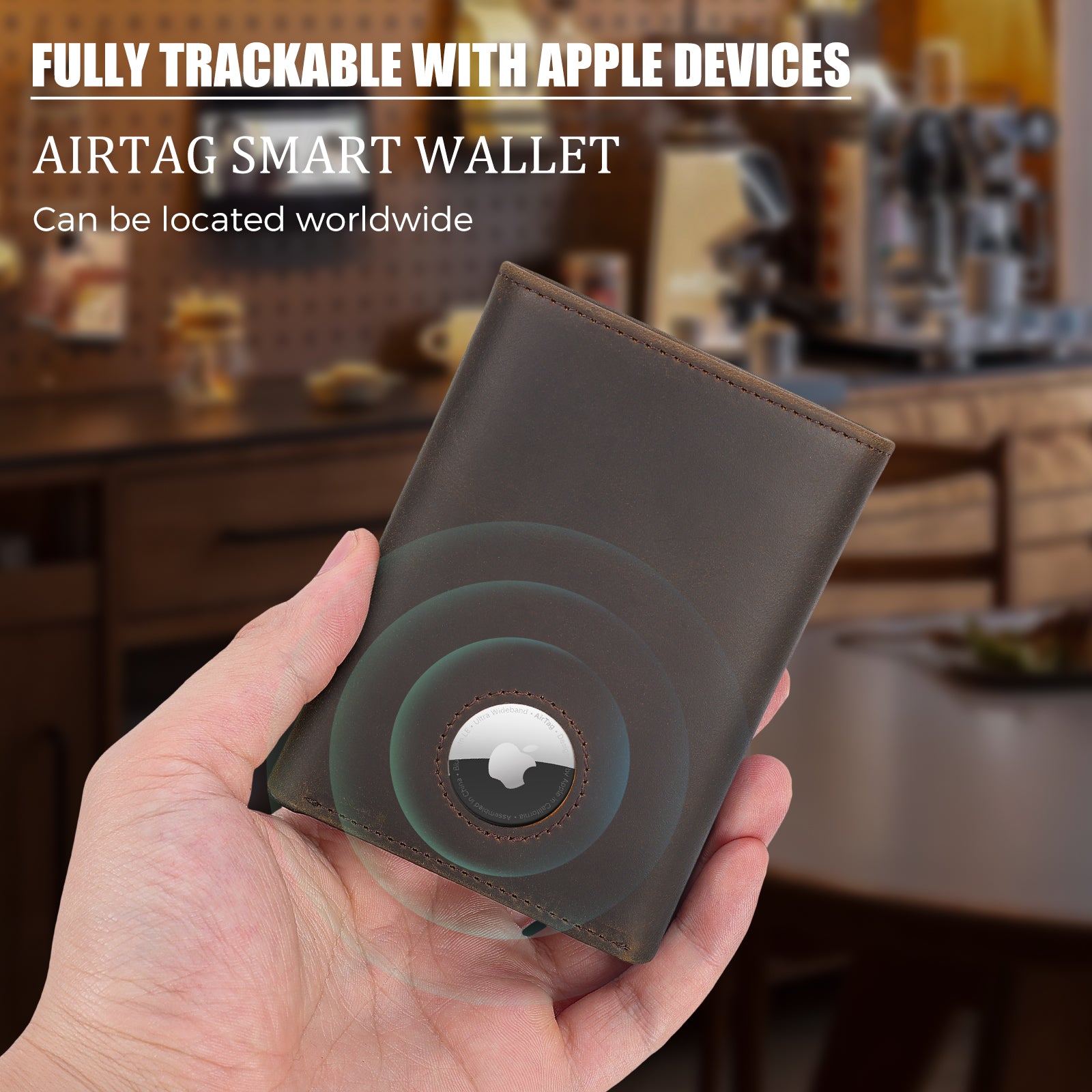 Full Grain Leather Trifold Wallet RFID Blocking with AirTag Slot (Back/Model Display)